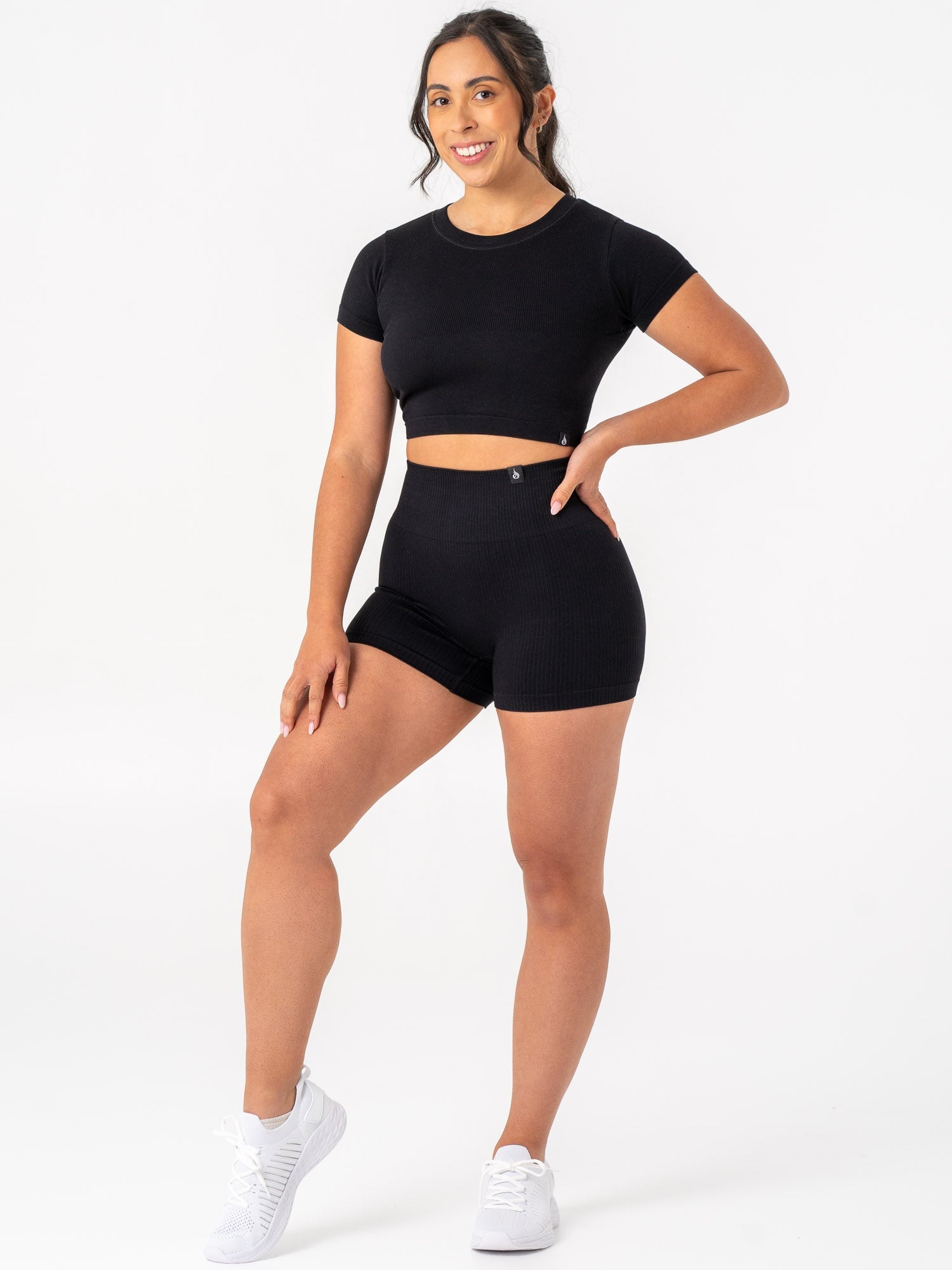 Rib Seamless T-Shirt for Women - Soft Stretch Comfort Fit Crew Neck Black Top | Perfect for Yoga, Gym, Lounge & Everyday Wear