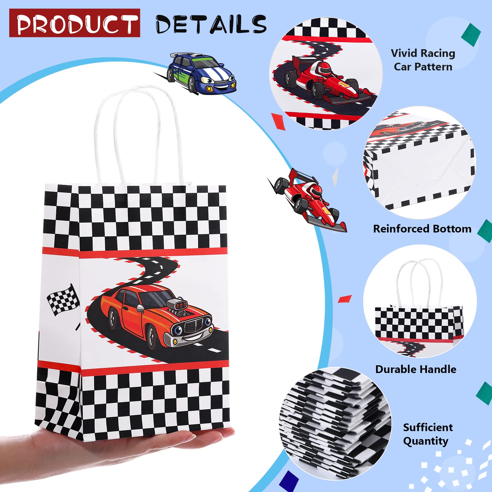 24-Piece Racing Car Party Favor Bags - Checkered Flag Themed Goodie Treat Candy Paper Bags with Handles for Kids Birthday Party Supplies & Decorations | Perfect for Race Car Themed Parties, Birthday Favors, and School Events