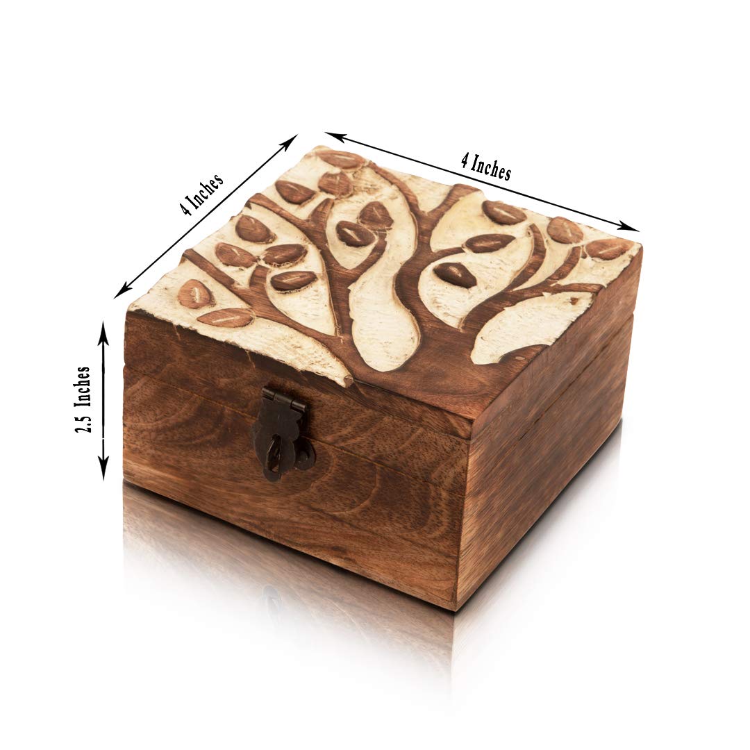 Handmade Wooden Jewelry Box with Tree of Life Carving - Lockable Keepsake Storage Box with Key, Jewelry Organizer & Watch Box - Perfect Birthday Gift, Anniversary Present & Home Decor Treasure Chest