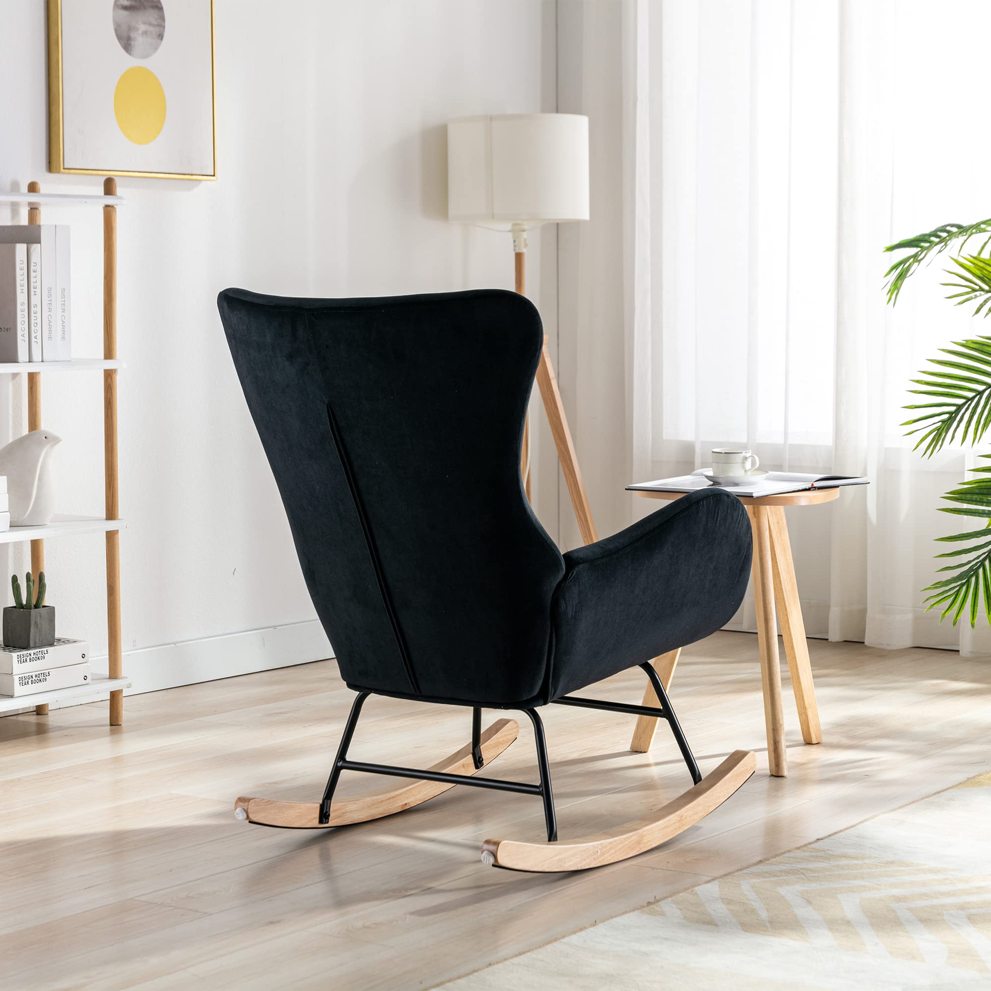 Modern Velvet Rocking Chair with High Backrest & Armrests - Padded Nursery Rocker for Living Room, Bedroom, Balcony - Comfortable Accent Chair for Adults & Kids (Black) | Perfect for Nursing, Reading & Relaxing