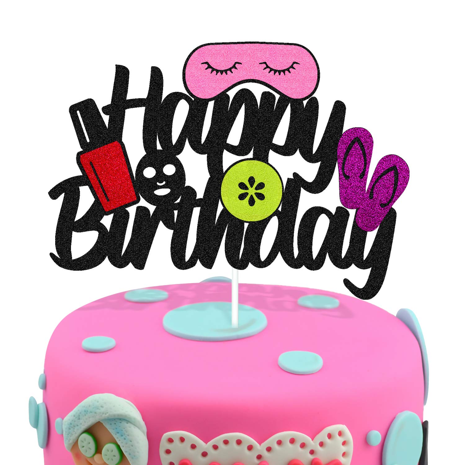 Spa Cake Topper for Birthday Party - Black Glitter Décor for Women's Spa Theme Celebration