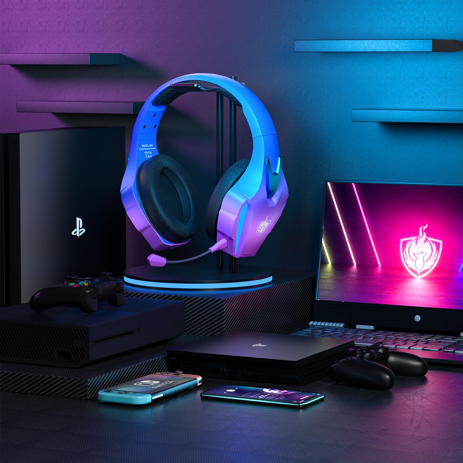 PHOINIKAS Wireless Gaming Headset for PS4/PS5/PC/Switch - 2.4GHz Wireless with USB Dongle, 7.1 Stereo Sound, Detachable Noise-Canceling Mic & LED Lights - Perfect for Gaming, Streaming & Online Meetings