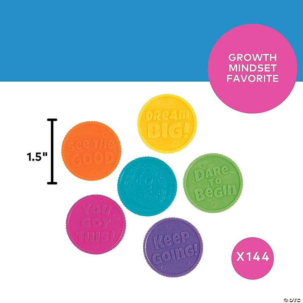 Fun Express Growth Mindset Coins - 144pcs Educational Learning Activities for Kids - Perfect for Halloween, Christmas & Valentine's Day Party Favors - Classroom Rewards & Positive Behavior Incentives