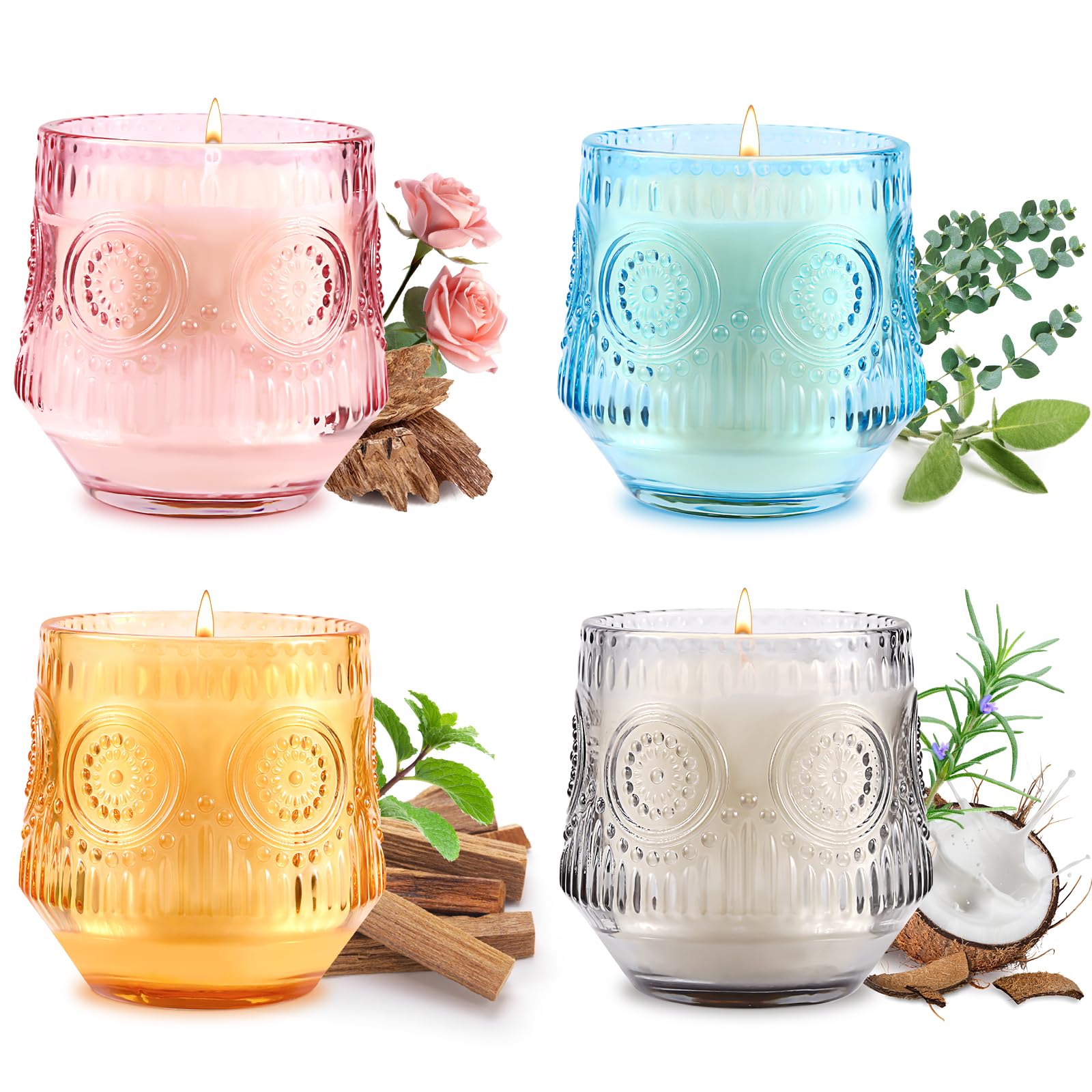 4 Pack Scented Soy Candle Gift Set for Women - Vanilla Coconut, Eucalyptus Sage, Rose Oud & Sandalwood Patchouli | Aromatherapy Candles for Home Relaxation, Spa, Yoga & Romantic Ambiance