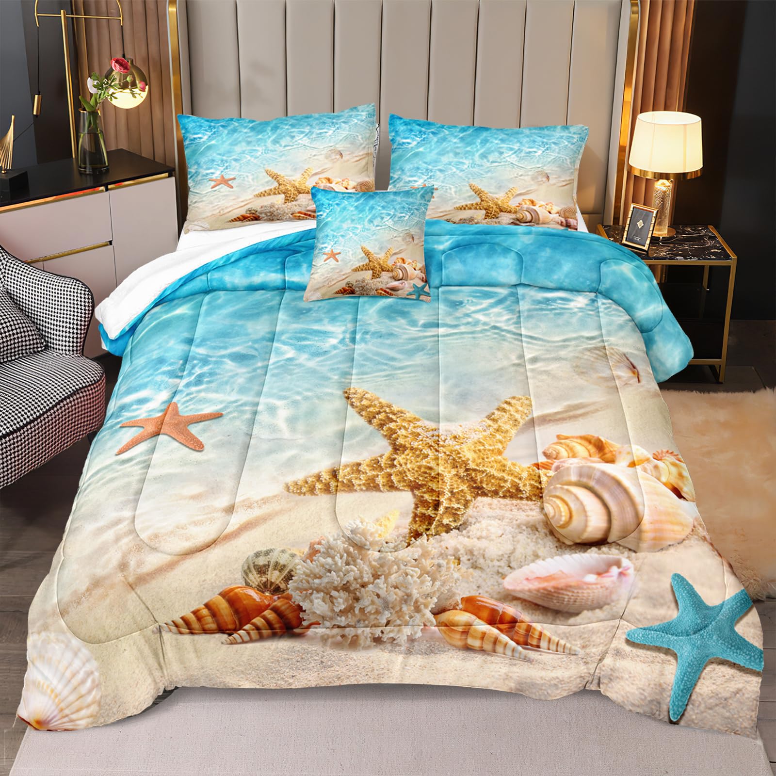 Queen Size Coastal Beach Theme Comforter Set - Turquoise Ocean Starfish Marine Life Bedding, Soft Microfiber 3-Piece Quilt Set (Aqua) | Perfect for Beach House, Guest Room & Coastal Decor