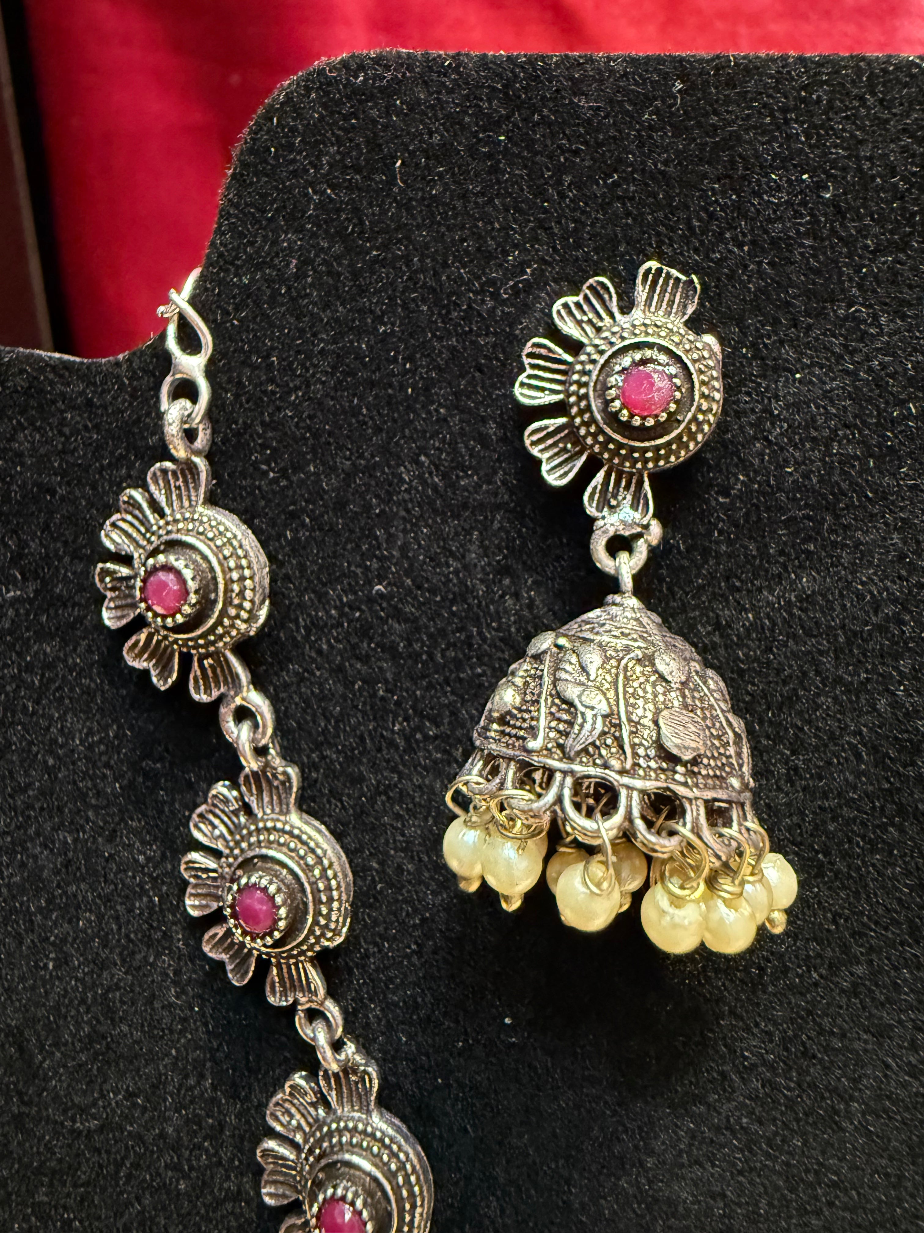Elegant Pink Oxidized Designer Pearl Drop Jhumka Necklace Set - Perfect for Weddings, Parties & Ethnic Fashion