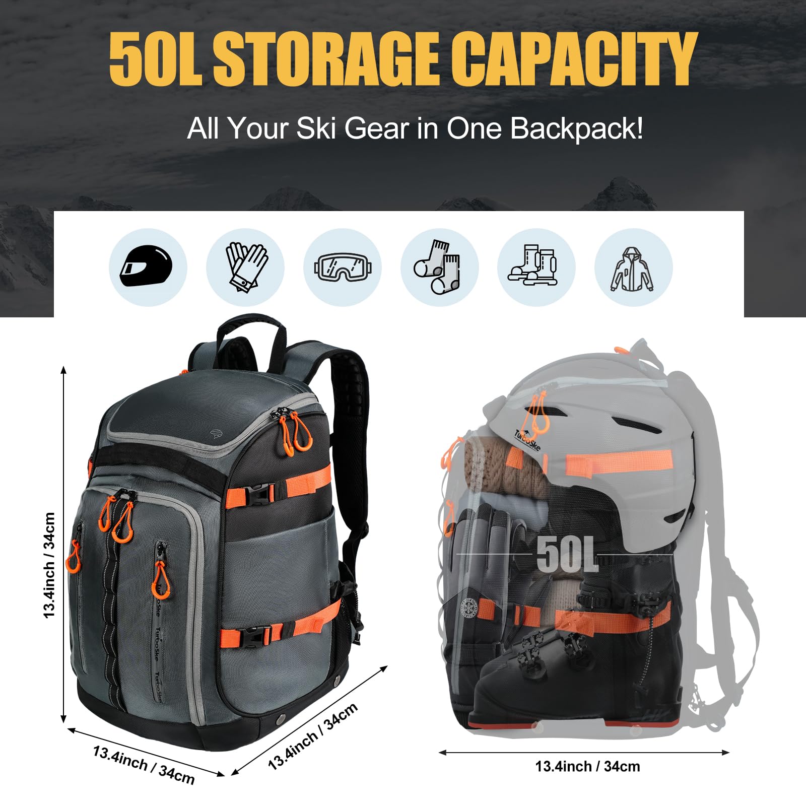 50L Waterproof Ski Boot Backpack for Snowboarding - Durable & Lightweight Travel Storage Bag with Helmet, Goggles & Glove Compartments - Perfect for Ski Trips, Winter Sports & Mountain Adventures (Men & Women)