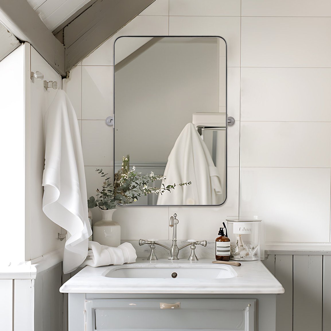 Tilting Rectangular Pivot Mirror for Bathroom & Vanity - Stainless Steel Frame | Space-Saving Wall Mounted Mirror for Makeup, Shaving & Home Decor