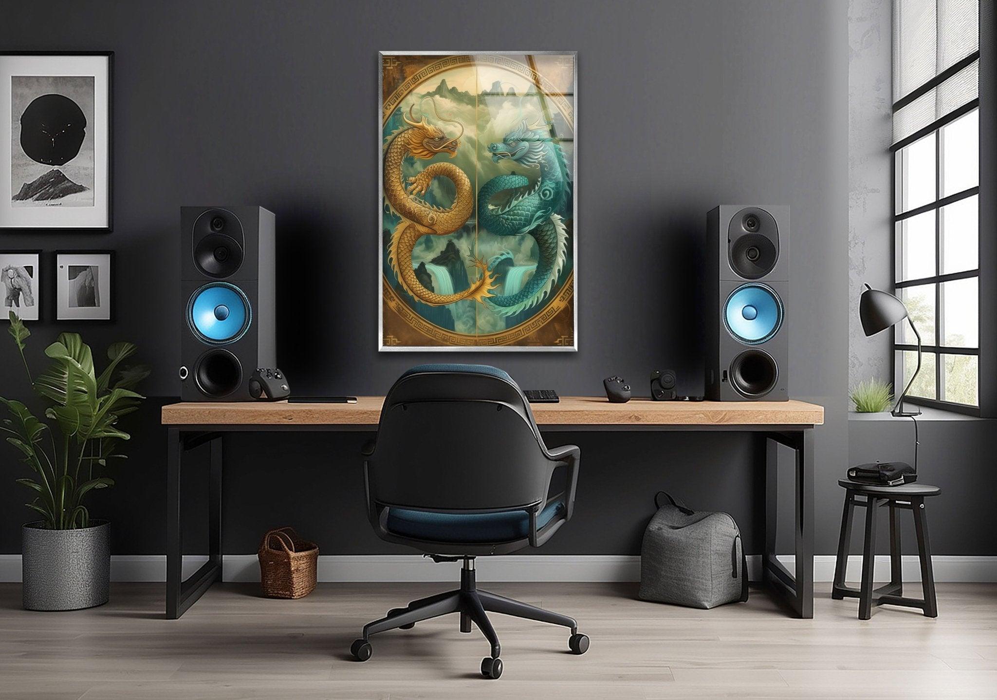 Ao Kuang & Ao Shun Chinese Dragon Glass Wall Art - Elegant Home Decor for Living Room, Bedroom, or Office