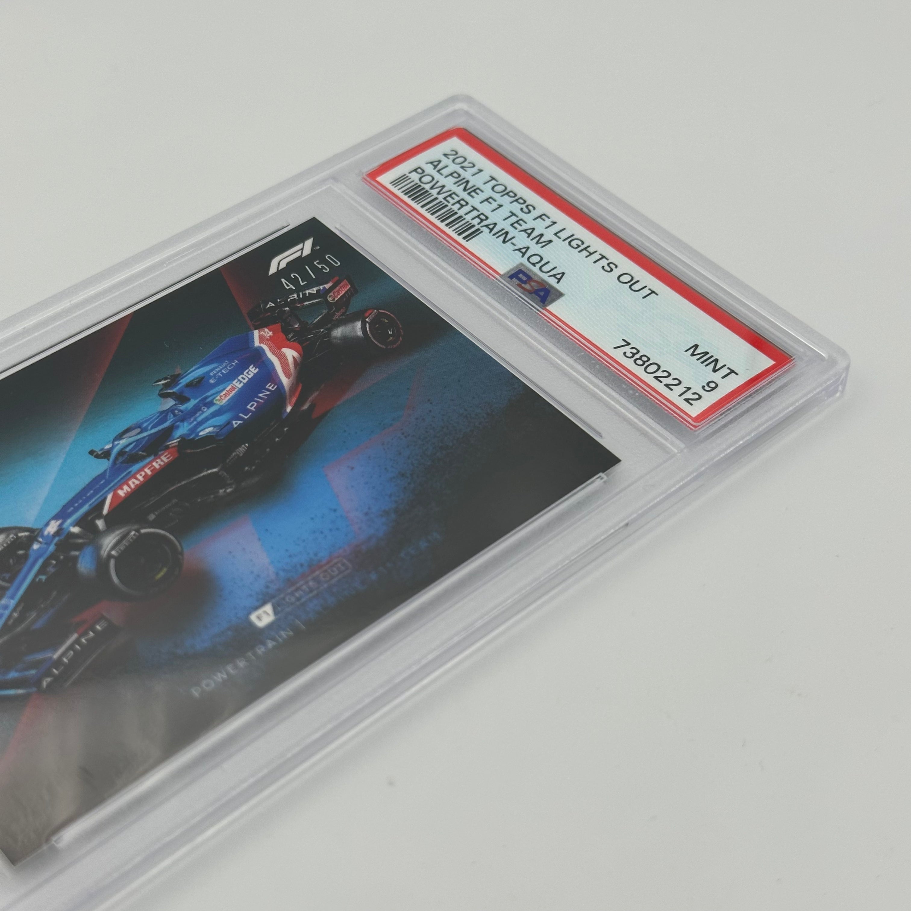PSA 9 Graded 42/50 ALPINE F1 Team PowerTrain Aqua Trading Card - Rare Collectible for F1 Fans & Sports Memorabilia Enthusiasts