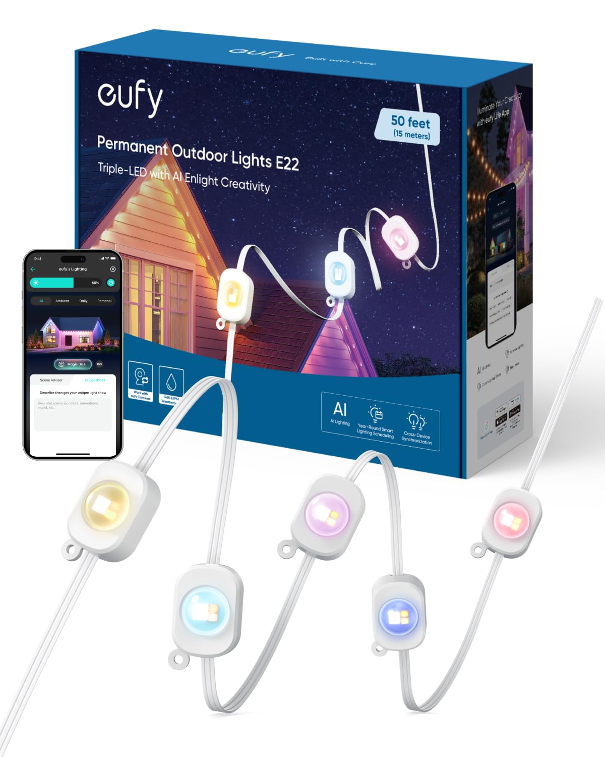 eufy Permanent Outdoor Lights E22 - 50ft Smart RGBWW Christmas Lights with 30 Triple-LEDs, IP67 Waterproof, AI Lighting Themes - Perfect for Holiday Decorations, Home Security Linking with Cameras (Ideal for Christmas, Halloween, and Year-Round Outdoor Lighting)