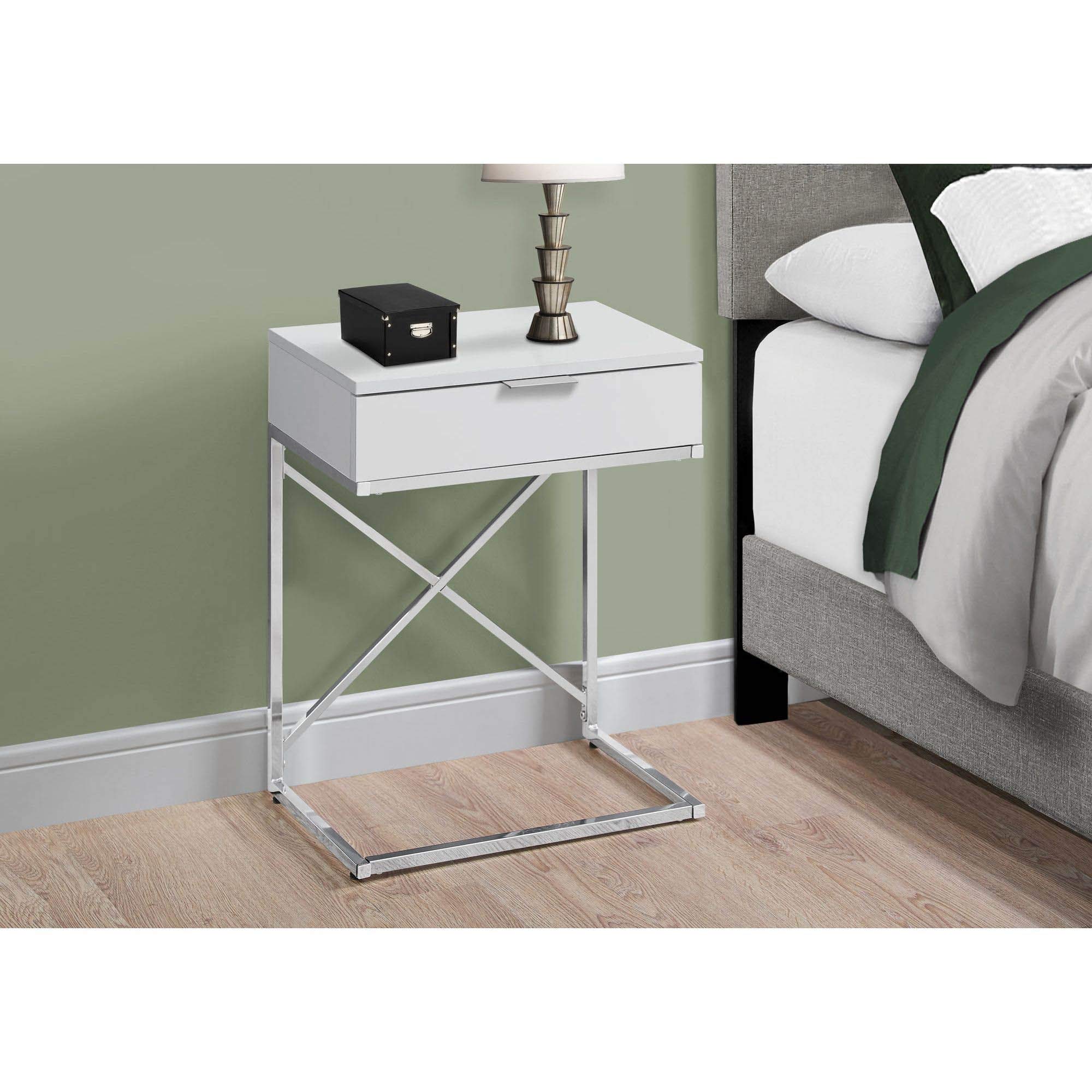 Offex 24 Inch Height Modern White Rectangular Accent Side Table with Chrome Metal Base - Perfect for Living Room, Bedroom or Office Decor