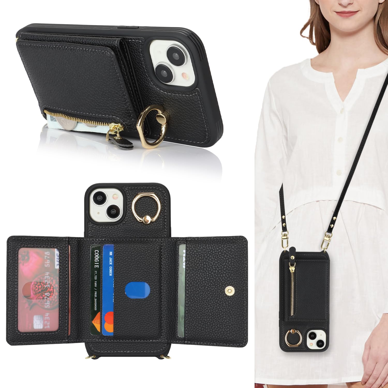 Premium Leather Wallet Case for iPhone 15 Plus with Card Holder & Crossbody Strap - Built-in Stand & Zipper Pocket - Fashionable Protective Phone Cover for Women (Black) | Perfect for Travel, Shopping & Everyday Use