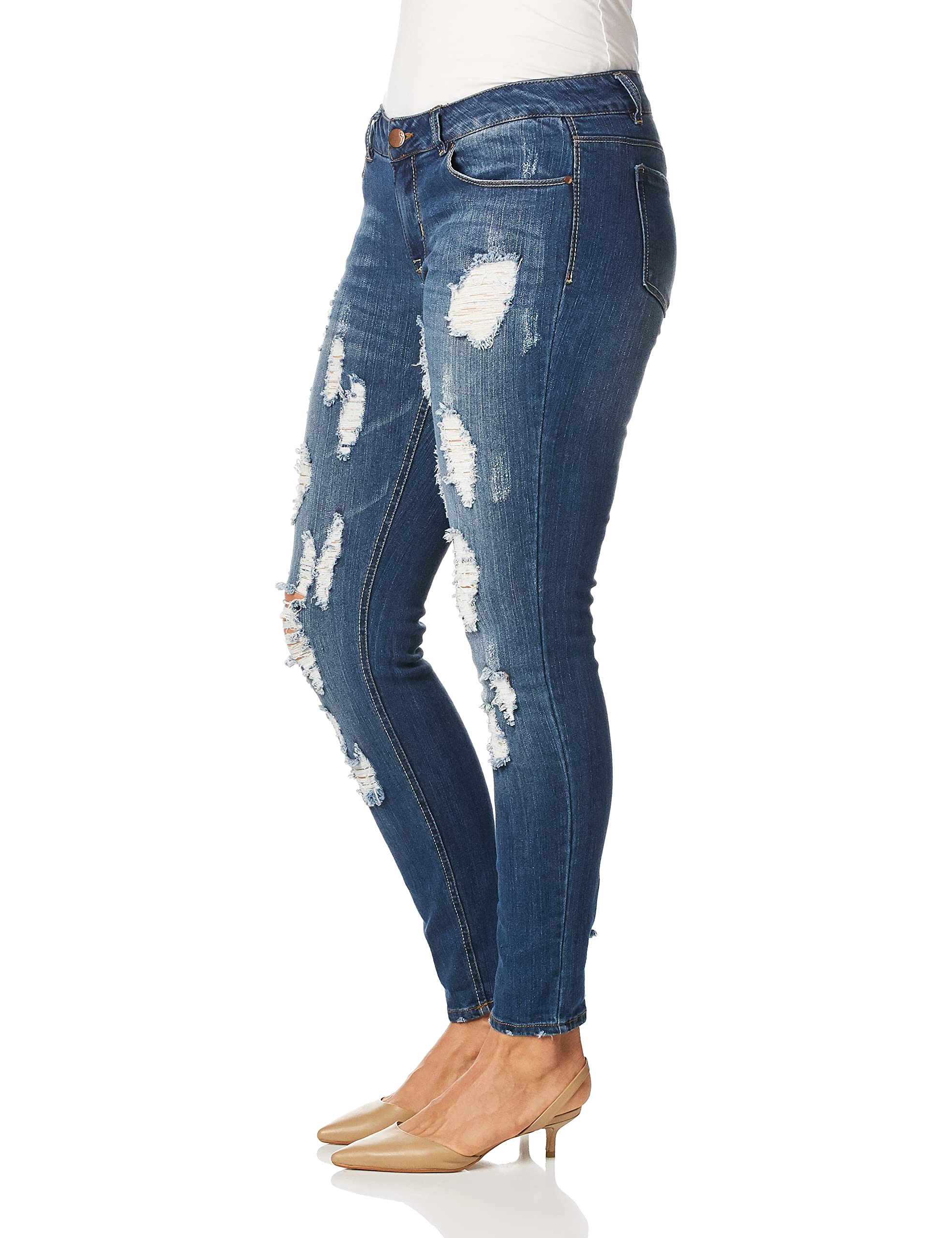 Women's Distressed Medium Wash Skinny Jeans with Rolled Cuff - Trendy Ripped Denim Pants for Casual Outfits & Streetwear Fashion