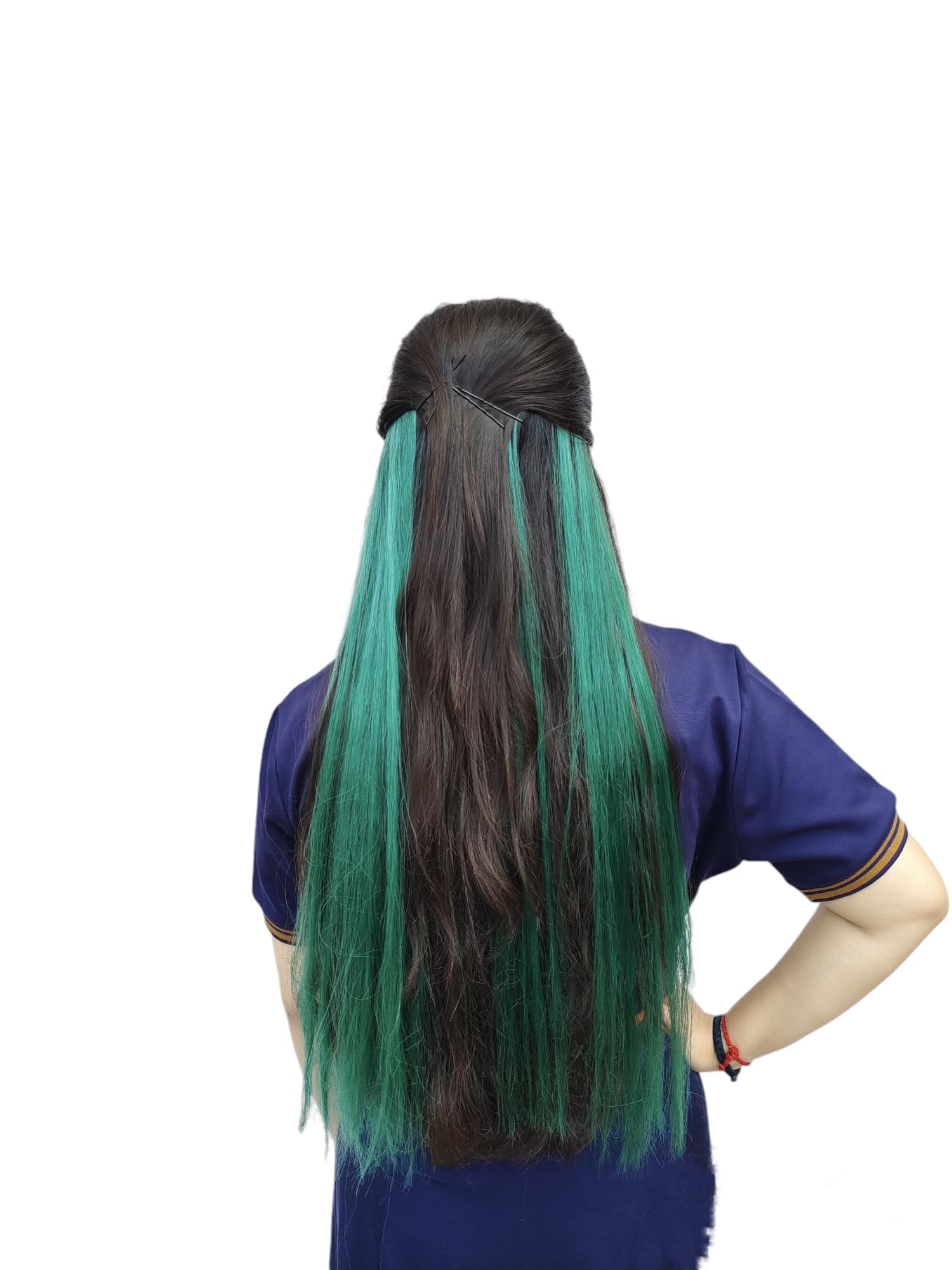 Neaama Clip-In Colored Hair Extensions for Women - 2 Pack Green Straight Synthetic Hair Streaks with Easy Snap Clip for Parties, Cosplay & Halloween Costumes - Fun Hair Highlights for Girls & Teens