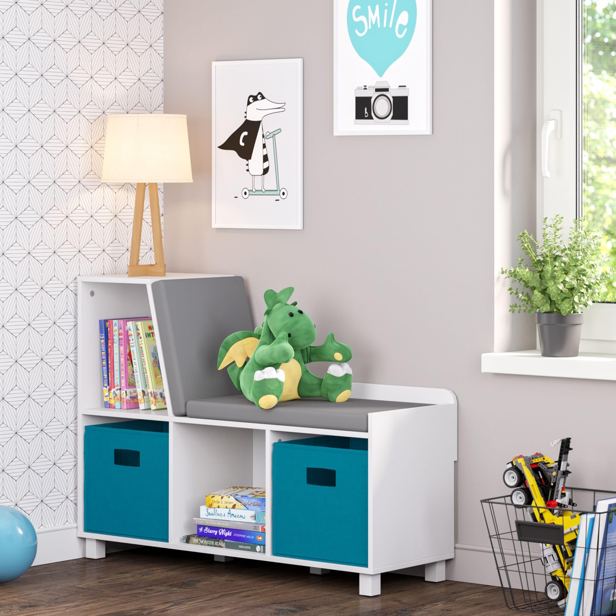 RiverRidge Kids Book Nook Storage Bench with Comfy Cushion and White Cubby Organizer - Perfect for Reading Corners, Toy Storage & Playroom Organization - Ideal for Bedrooms, Playrooms & Homeschooling Spaces