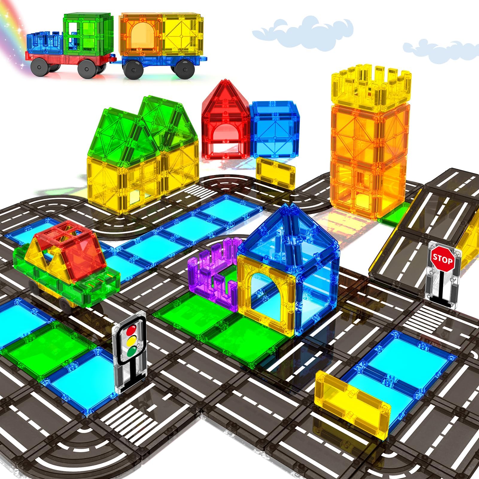 Magnetic Building Blocks Toys for Kids Ages 3-8 - 120PC STEM Construction Set with Cars & Road Tiles | Montessori Educational Toys for Boys & Girls | Perfect Christmas Birthday Gift for Toddlers | Creative Play for Home, Classroom & Travel