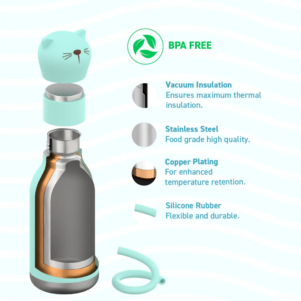 Asobu Insulated Stainless Steel Cat-Themed Water Bottle - Leak-Proof & BPA-Free for Kids, Adults, Pets - Perfect for School, Gym, Hiking & Outdoor Adventures