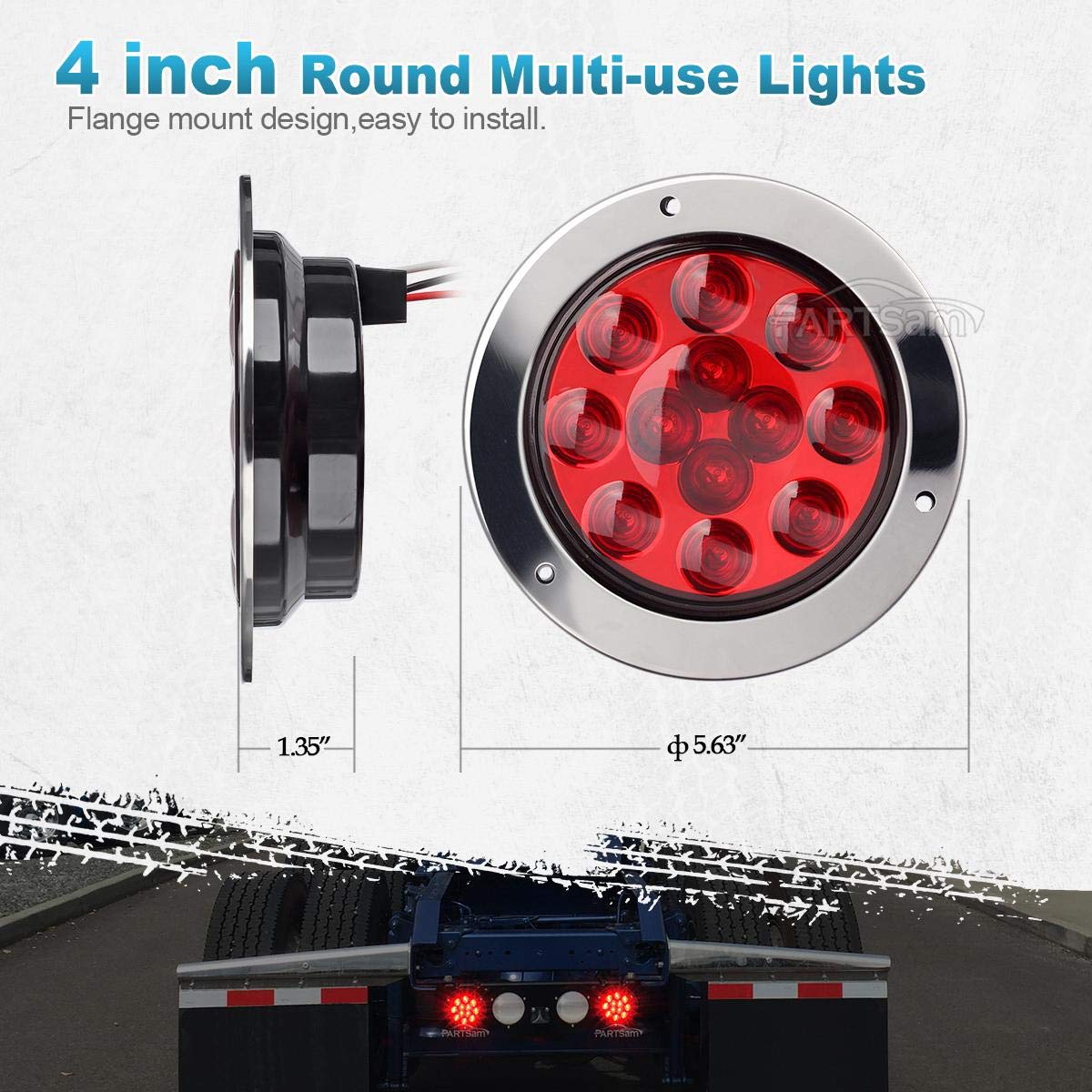 Partsam 8Pcs 4 Inch Round LED Stop Turn Tail Lights - Red 12LED Flange Mount for Trucks, Trailers & RVs - Waterproof Brake, Turn Signal & Running Lights with Chrome Bezels - 12V DC - Ideal for Heavy-Duty Vehicles & Off-Road Adventures