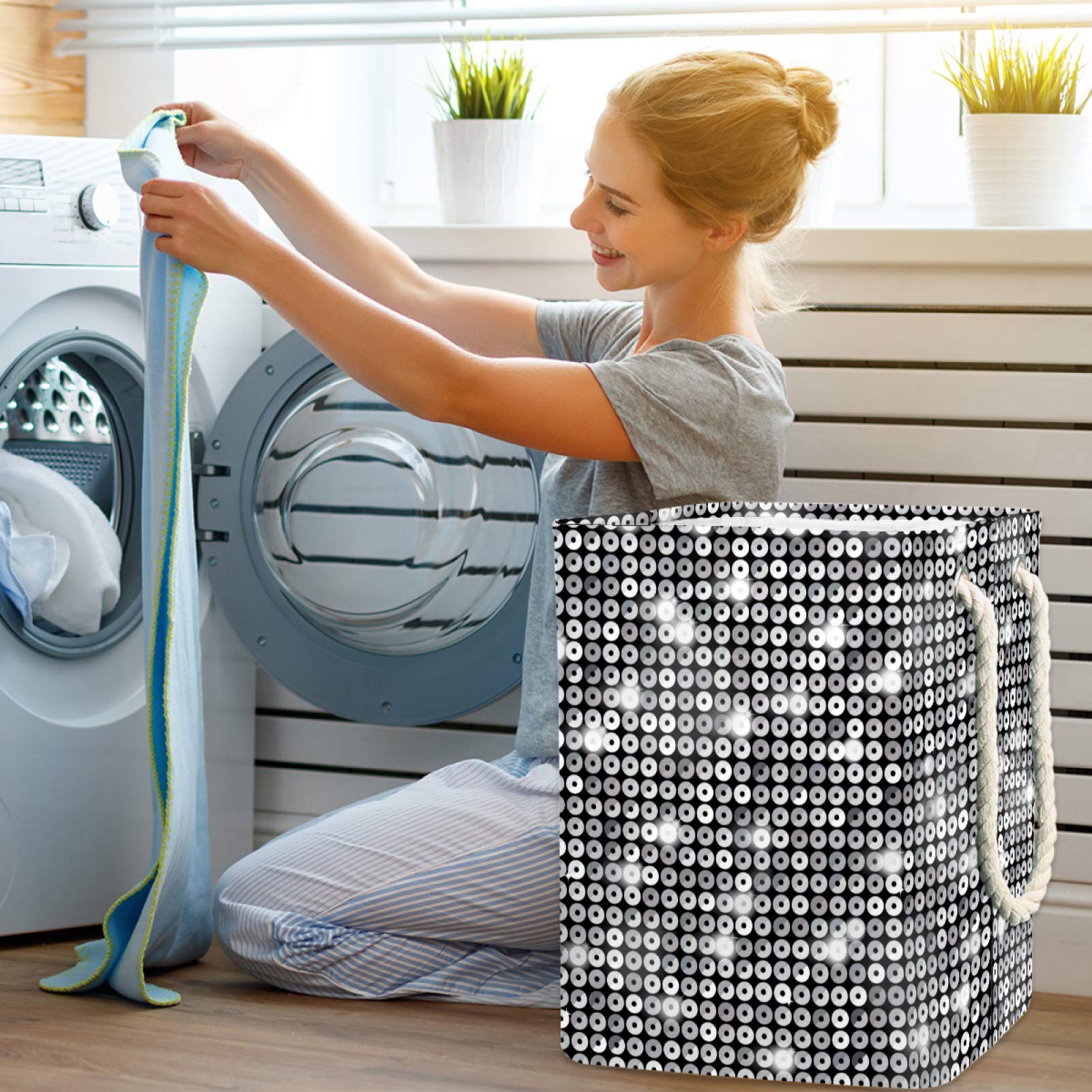 Silver Sequin Glitter Foldable Laundry Hamper Storage Basket - 19.3x11.8x15.9 Inch Organizer for Nursery, Playroom, Closet & Home Organization | Perfect for Kids' Rooms, Dorm Storage & Toy Collection