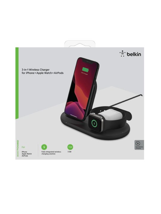 Belkin Qi Wireless Charging Stand 7.5W - 3-in-1 Fast Charger for iPhone, Samsung & AirPods - Black | Perfect for Home, Office & Nightstand Charging