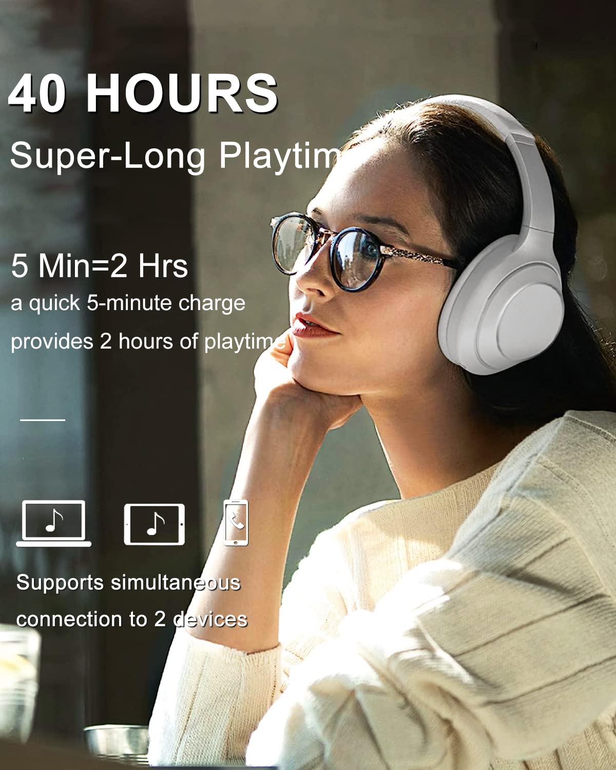 Wireless Bluetooth Over-Ear Headphones with Microphone - 40H Playtime, HiFi Stereo Sound, Foldable & Lightweight for Travel, Work, Gaming & Commuting (White)