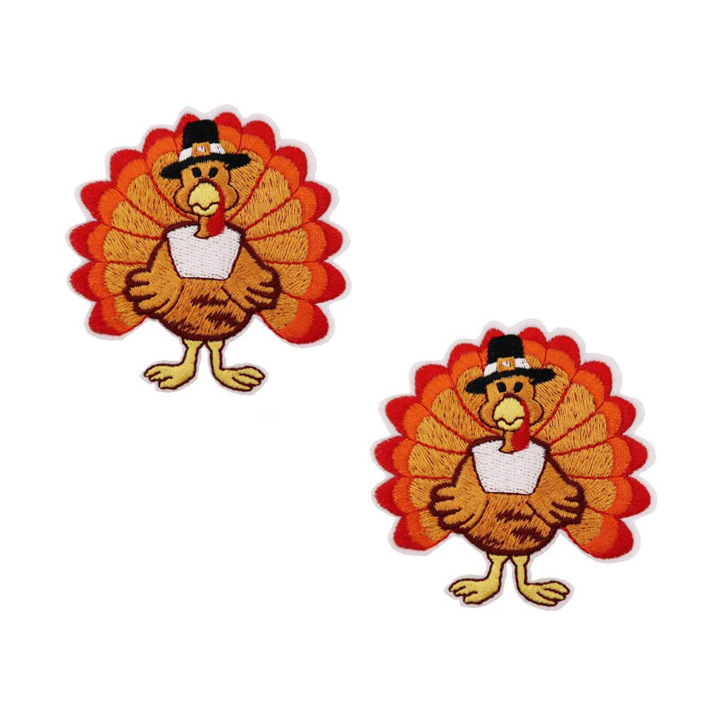 2 Pack Thanksgiving Turkey Iron On Patches - DIY Embroidered Appliques for Jackets, Hats, Bags - Perfect for Holiday Crafts & Costume Decorations