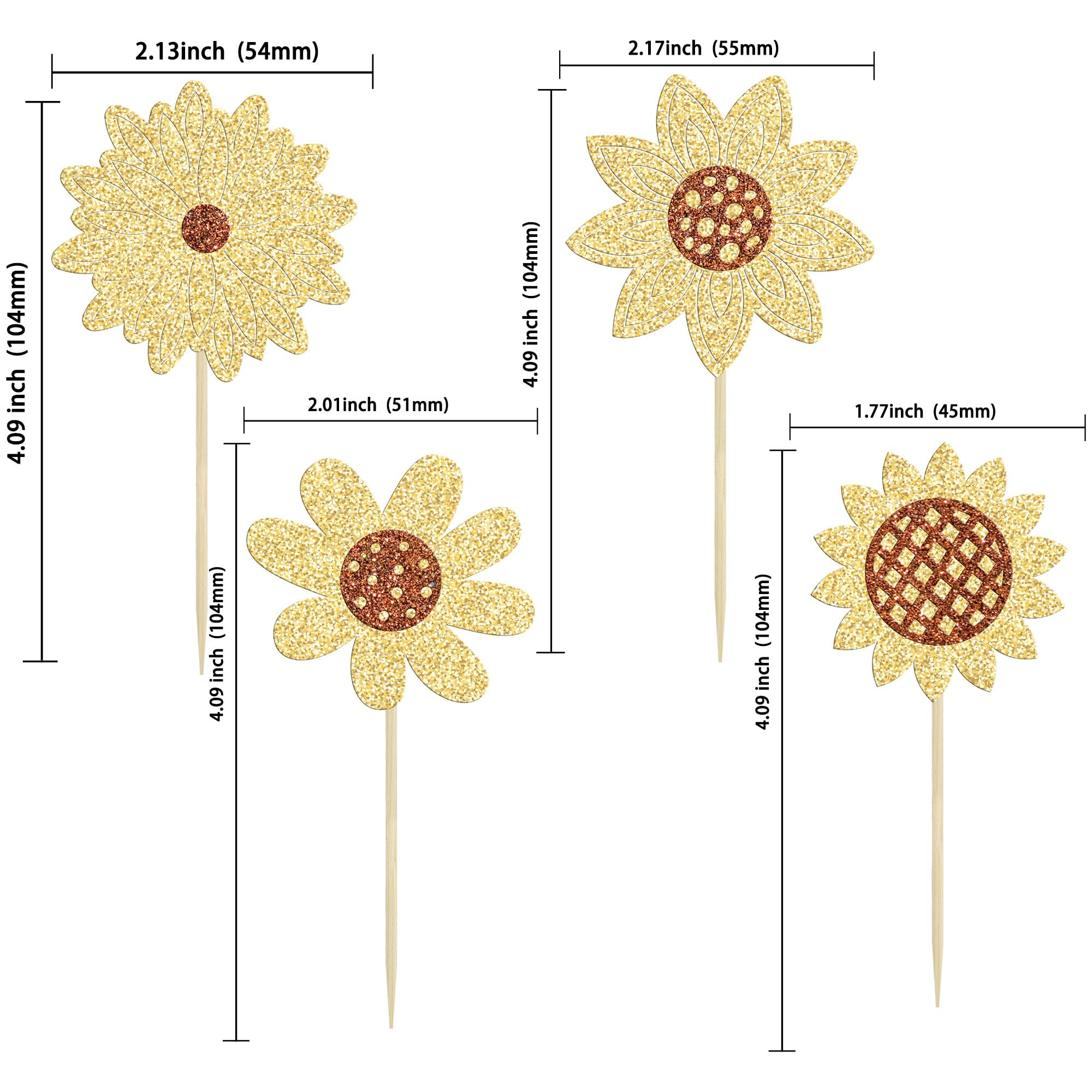 24 Pack Glitter Sunflower Cupcake Toppers - Sunflower Cupcake Picks Decorations for Baby Shower, Birthday Party, Summer Theme (Boys, Girls, Kids) - Perfect for Cake Decorating Supplies & Dessert Table Displays