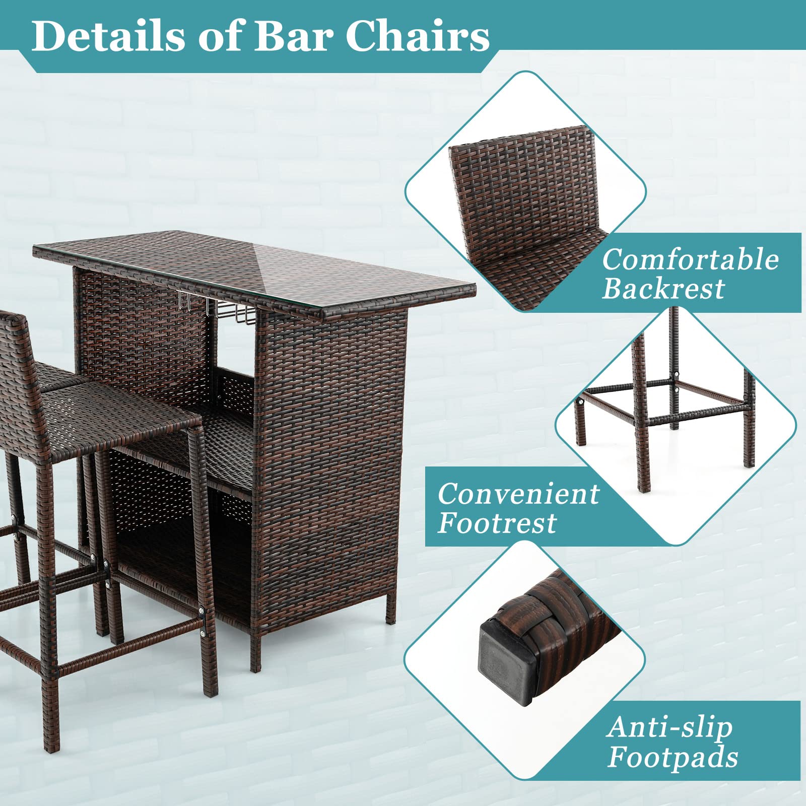 **Tangkula 3-Piece Outdoor Bar Set - Wicker Patio Bar Table & 2 Stools with Stemware Racks, Hidden Storage & Tempered Glass Top - Perfect for Backyard, Poolside, Garden (Mix Brown)**