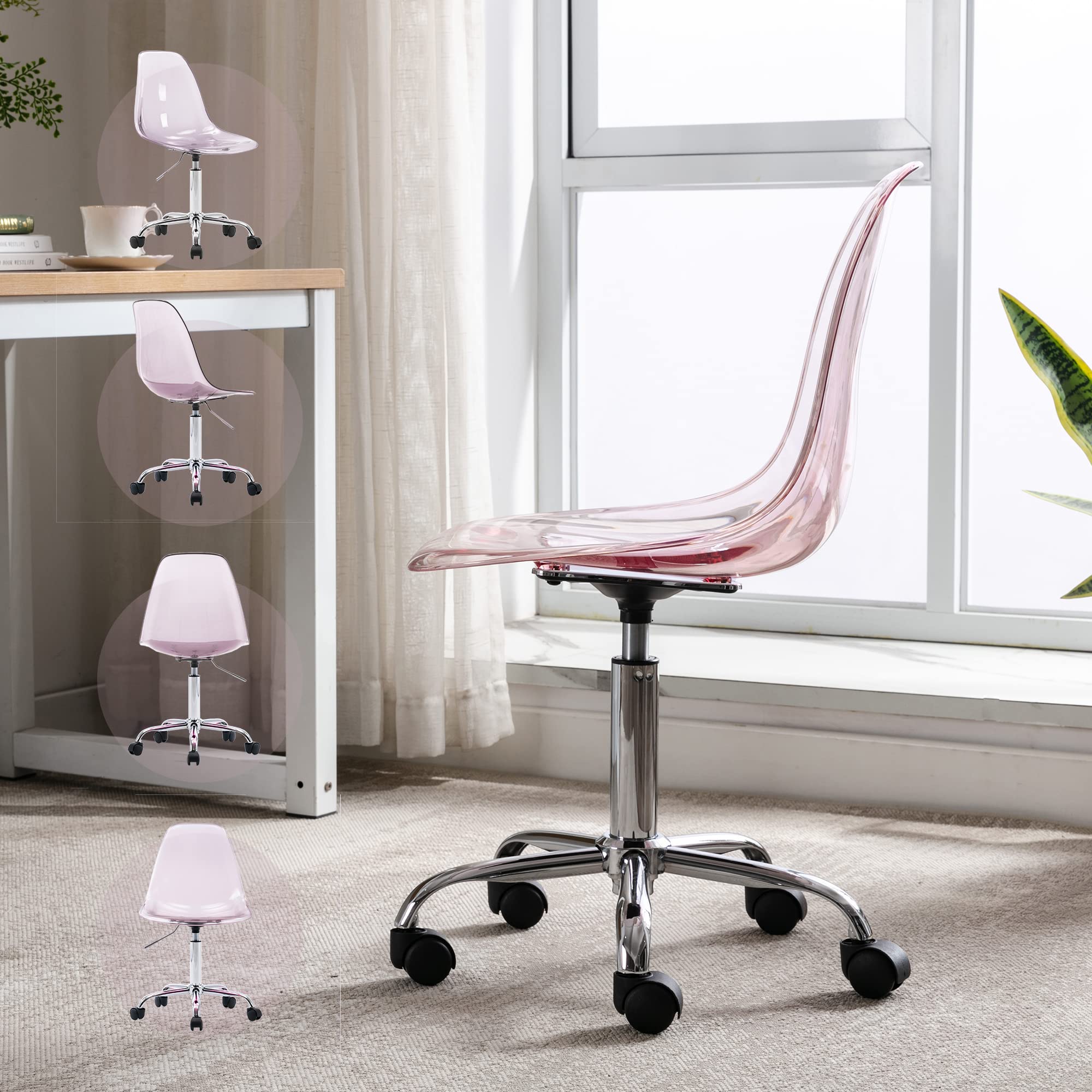 Modern Acrylic Clear Desk Chair - Adjustable Height Rolling Plastic Vanity Chair for Home Office, Small Cute Armless Ghost Chair with Wheels (Pink) - Perfect for Workspaces, Makeup Areas & Modern Decor