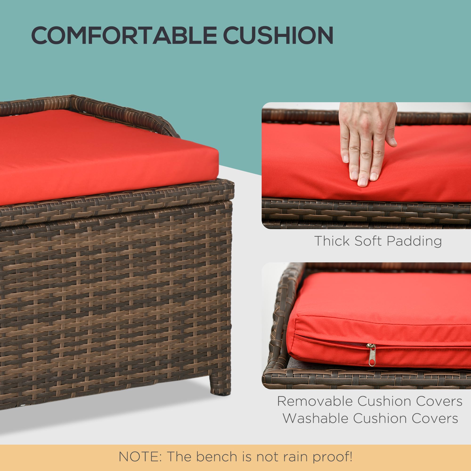 Outsunny 38 Gallon Outdoor Wicker Storage Bench Deck Box - Waterproof PE Rattan Patio Furniture with Cushion & Storage Bag - Perfect for Poolside, Garden, Deck, and Backyard Organization (Red)