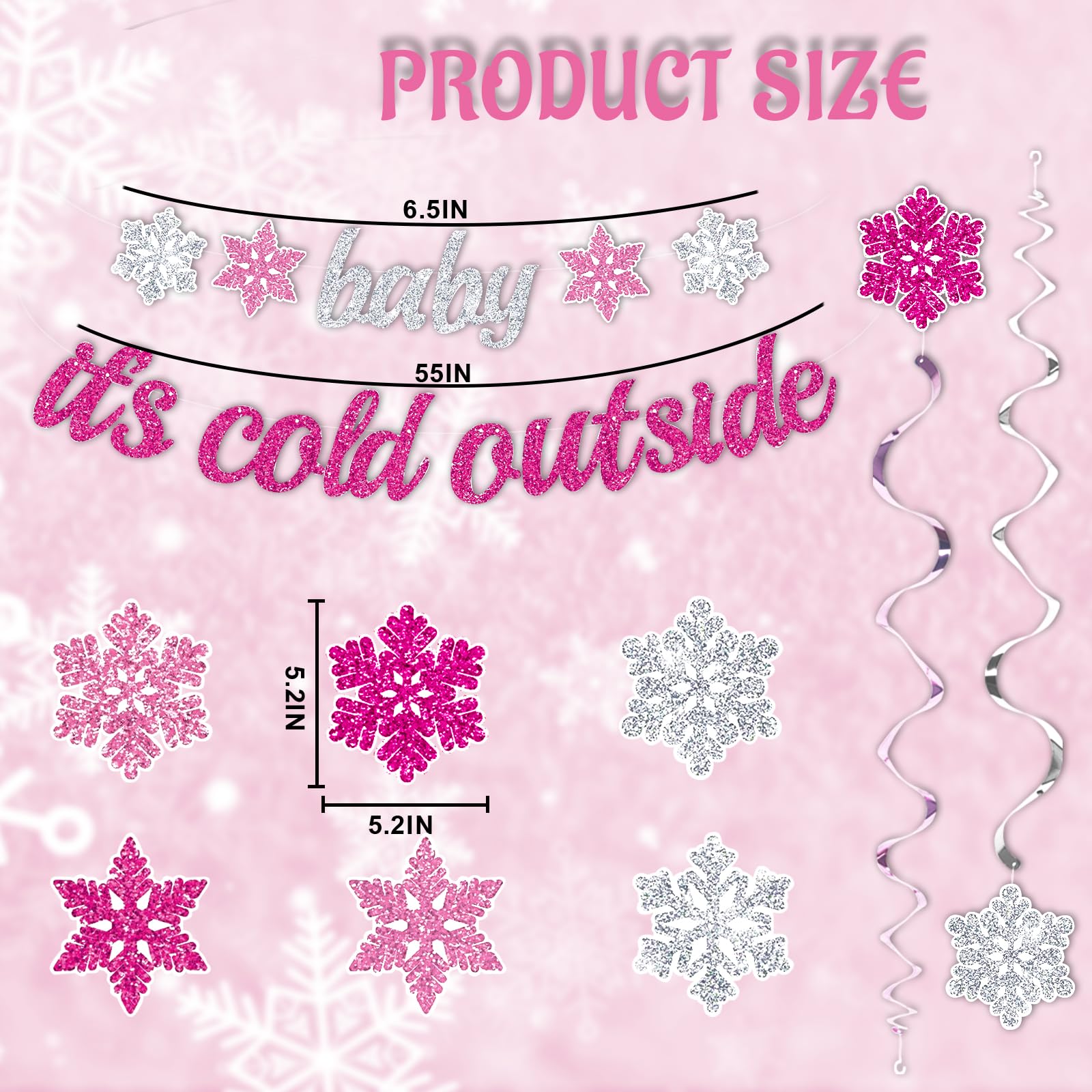 Pink 'Baby It's Cold Outside' Winter Banner - Glitter Silver Snowflake Hanging Decor for Girls Birthday Party, Christmas & Baby Shower Supplies | Festive Seasonal Home & Event Decoration