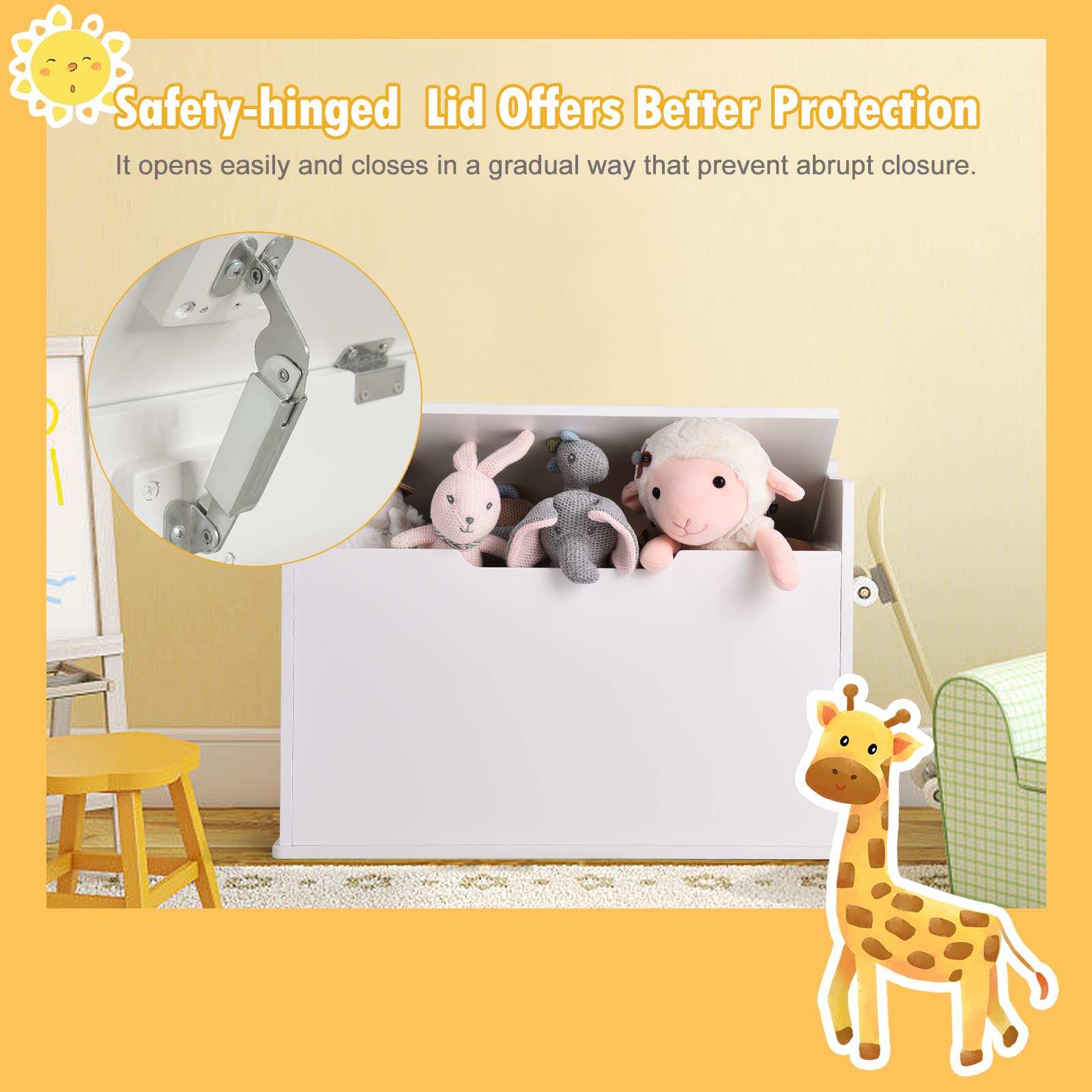 Costzon 2-in-1 Wooden Toy Storage Chest with Safety Cushioned Seat - Finger-Pinch Prevention Kids Toy Organizer & Lift-Top Bench for Nursery, Playroom, Bedroom or Living Room - White (Perfect for Toy Storage, Kids Room Decor & Extra Seating)