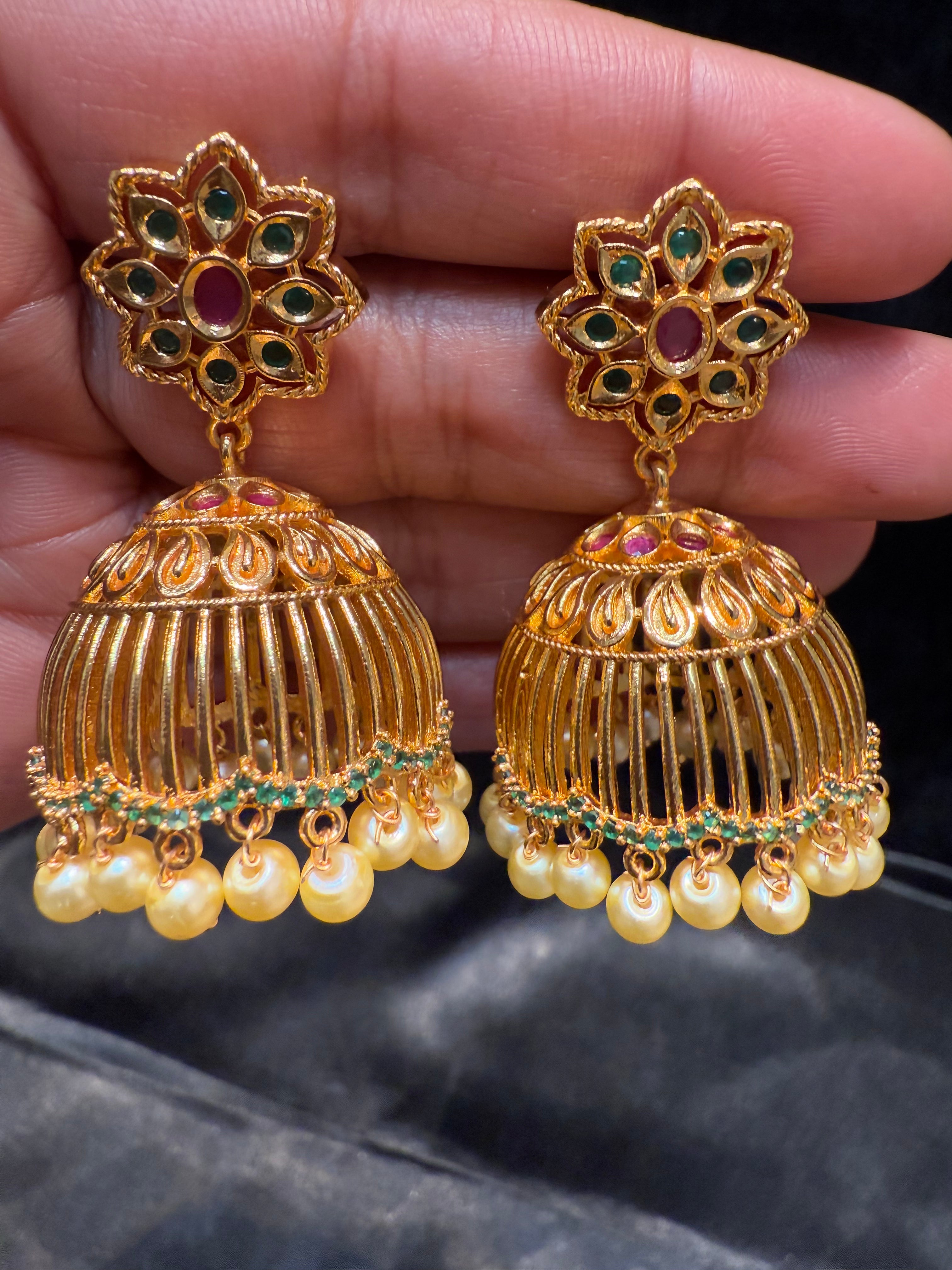 Exquisite Gold Plated Jhumka Earrings with Pink & Green Gemstones and Pearl Drops | Traditional Indian Jewelry for Weddings, Parties & Festive Occasions