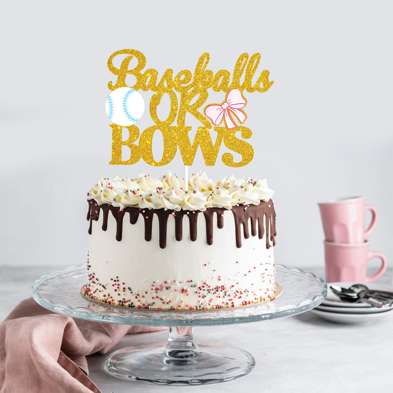 Baseball or Bows Gender Reveal Cake Topper - Baby Shower Decor for Boy or Girl - Blue & Pink Pregnancy Announcement Supplies - Perfect for Gender Reveal Parties & Baby Showers