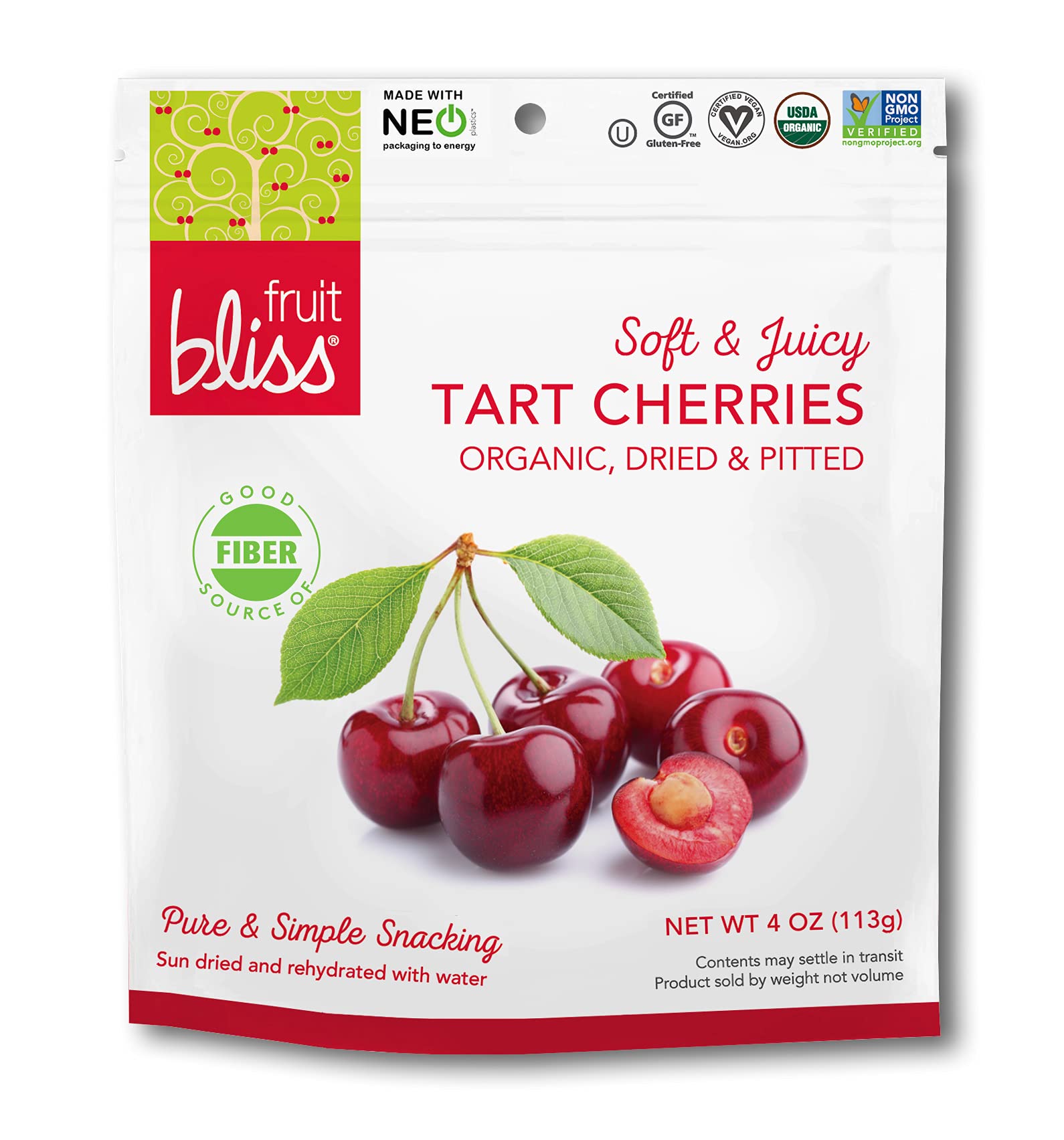 Organic Dried Cherries Snacks - Soft & Juicy Pitted Tart Cherries - Non-GMO, Gluten-Free, Vegan Fruit Snacks (3 Pack - 4 Oz) | Perfect for Baking, Trail Mix & Healthy On-the-Go Snacking