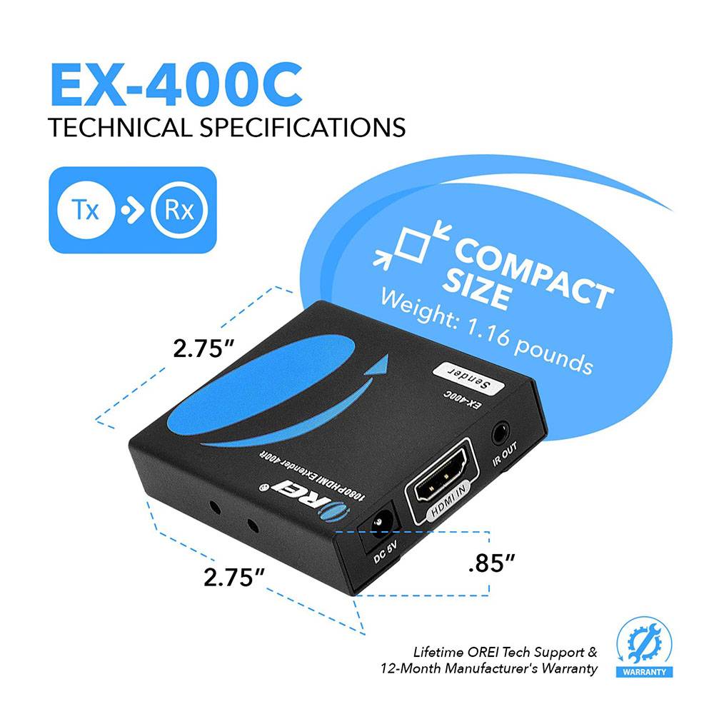 EX 400C 1080p HDMI Extender Over CAT6/7 Cable - 400ft Long Range HD Video Transmission with IR Control for Home Theater & Conference Room Setup