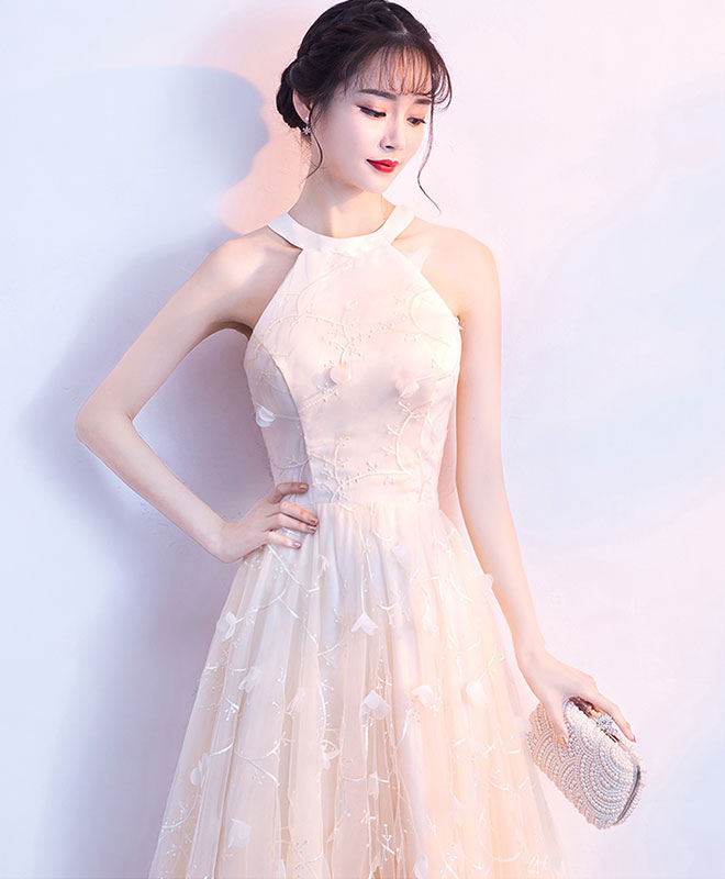 Elegant Champagne Lace Tulle Long Prom Dress for Women - Formal Evening Gown for Homecoming, Ball, Wedding & Special Occasions