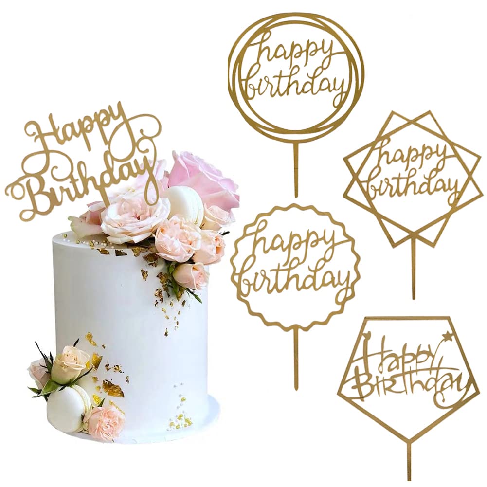 Gold Acrylic Happy Birthday Cake Topper Set - 5 Piece Wedding, Anniversary & Party Cake Decorations for Special Occasions