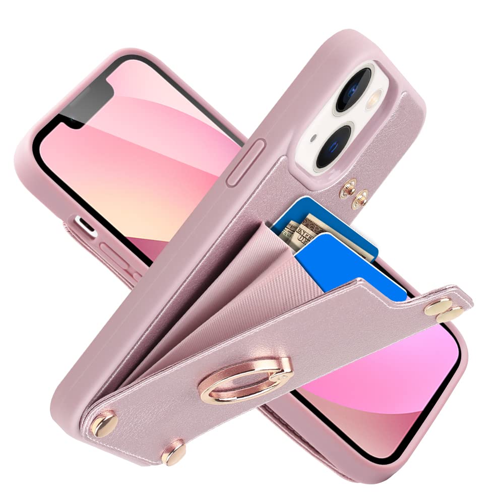 LAMEEKU Wallet Case for iPhone 13 (6.1 Inch 2021) - RFID Blocking Leather Cover with Card Holder, 360° Rotating Ring Kickstand & Protective Bumper - Rose Gold | Perfect for Hands-Free Viewing, Secure Card Storage & Everyday Protection