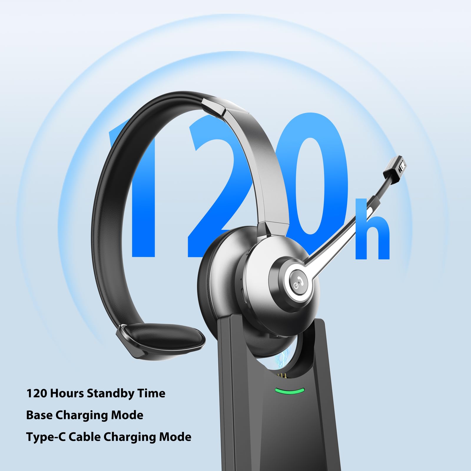Wireless Bluetooth Headset with Noise Canceling Microphone & USB Dongle - Comfortable Office Headphones with Charging Base & Mute Button for Call Center, Truck Drivers, Remote Work & Business Meetings