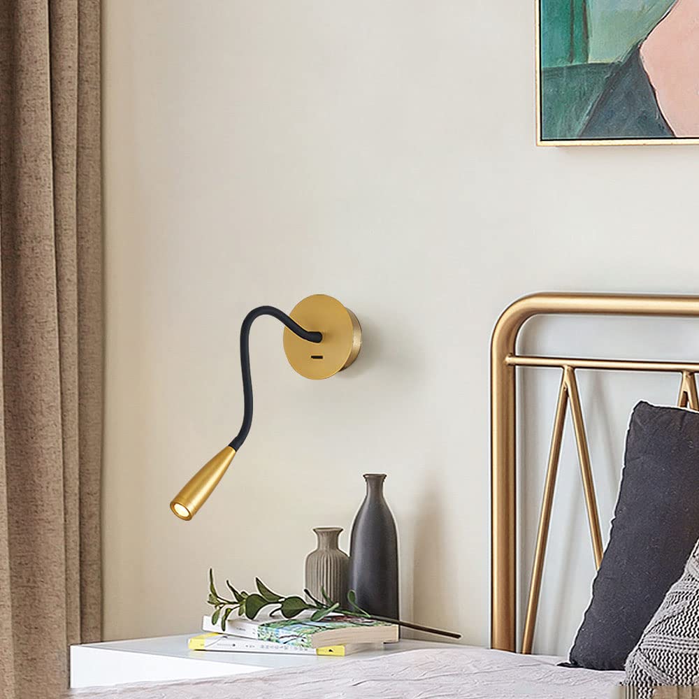 2 Pack Flexible LED Gooseneck Bedside Reading Lamps - Gold Metal Wall Mounted Sconce with Switch for Bedroom, Living Room & Headboard Lighting | Perfect for Night Reading, Study & Relaxation