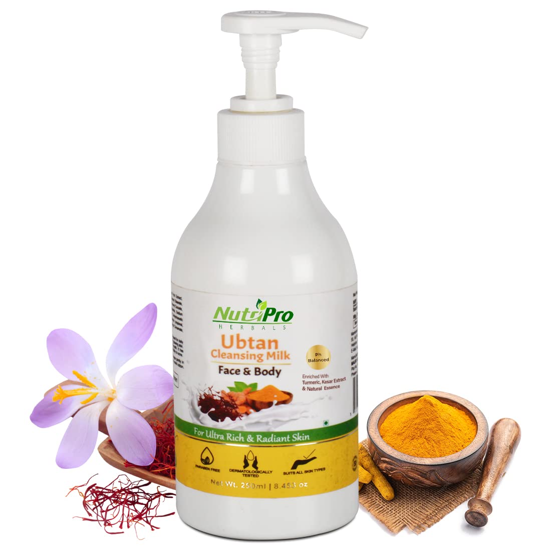 NutriPro Ubtan Cleansing Milk with Turmeric & Kesar Extract - Natural Makeup Remover & Skin Brightening Face Wash for Glowing Skin - Paraben & Silicone Free (250ml) | Perfect for Daily Cleansing & Post-Makeup Skincare Routine