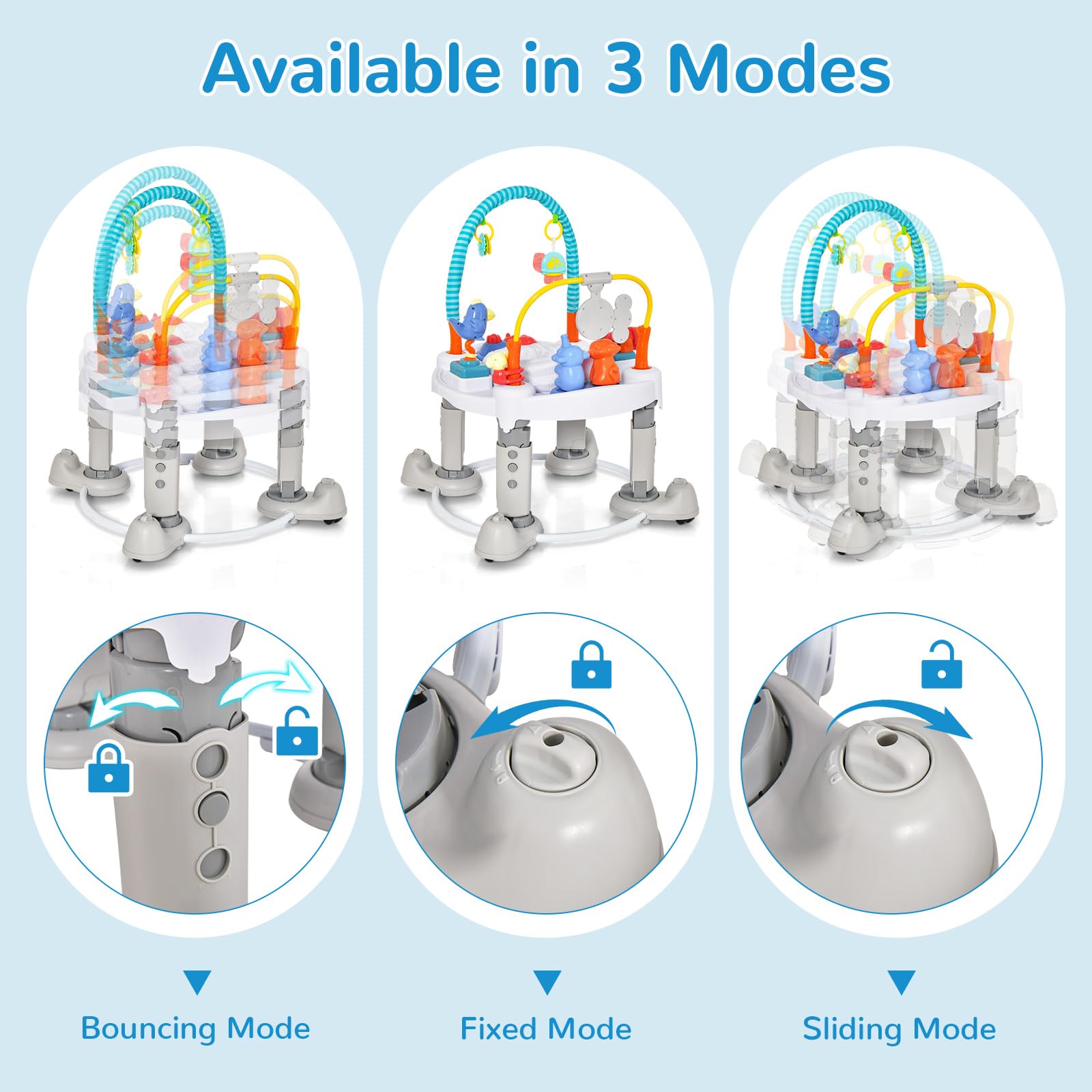 INFANS 5-in-1 Baby Bouncer Activity Center with 360° Rotating Seat - Adjustable Height Foldable Exersaucer, Learning Walker & Play Mat for Toddlers 6-24 Months - Perfect for Indoor Play, Early Development & Parent-Free Moments (Grey)