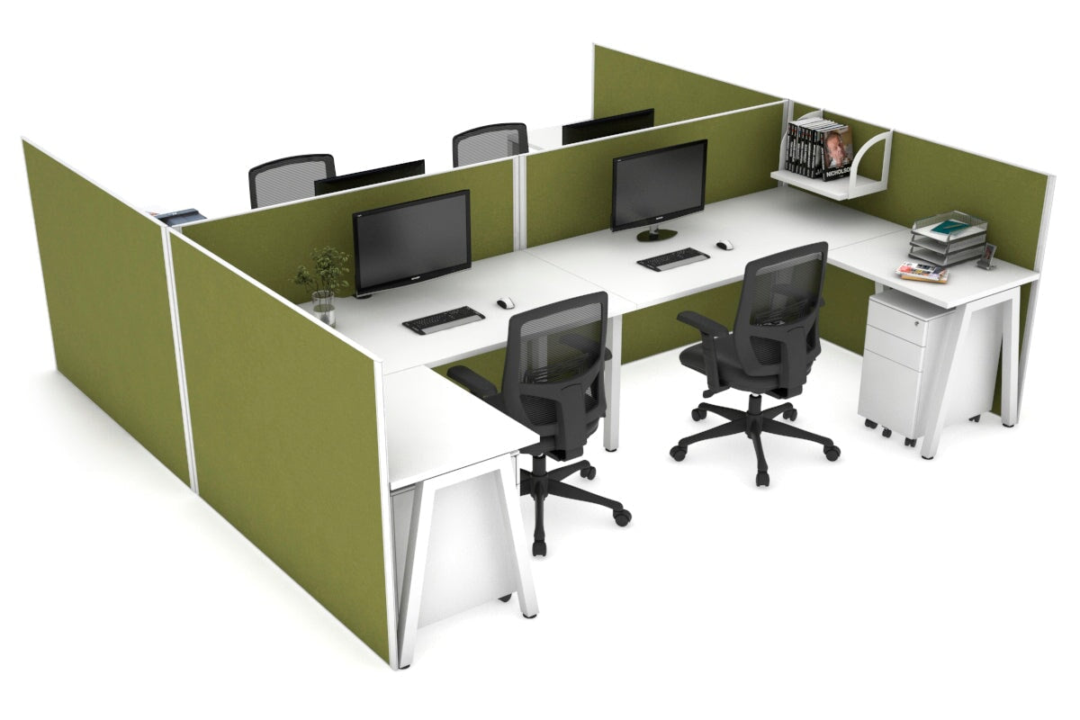 Quadro A Legs 4-Person Corner Workstation - H Configuration White Frame [1600L x 1800W with Cable Management] | Modern Office Desk for Home & Business Workspaces