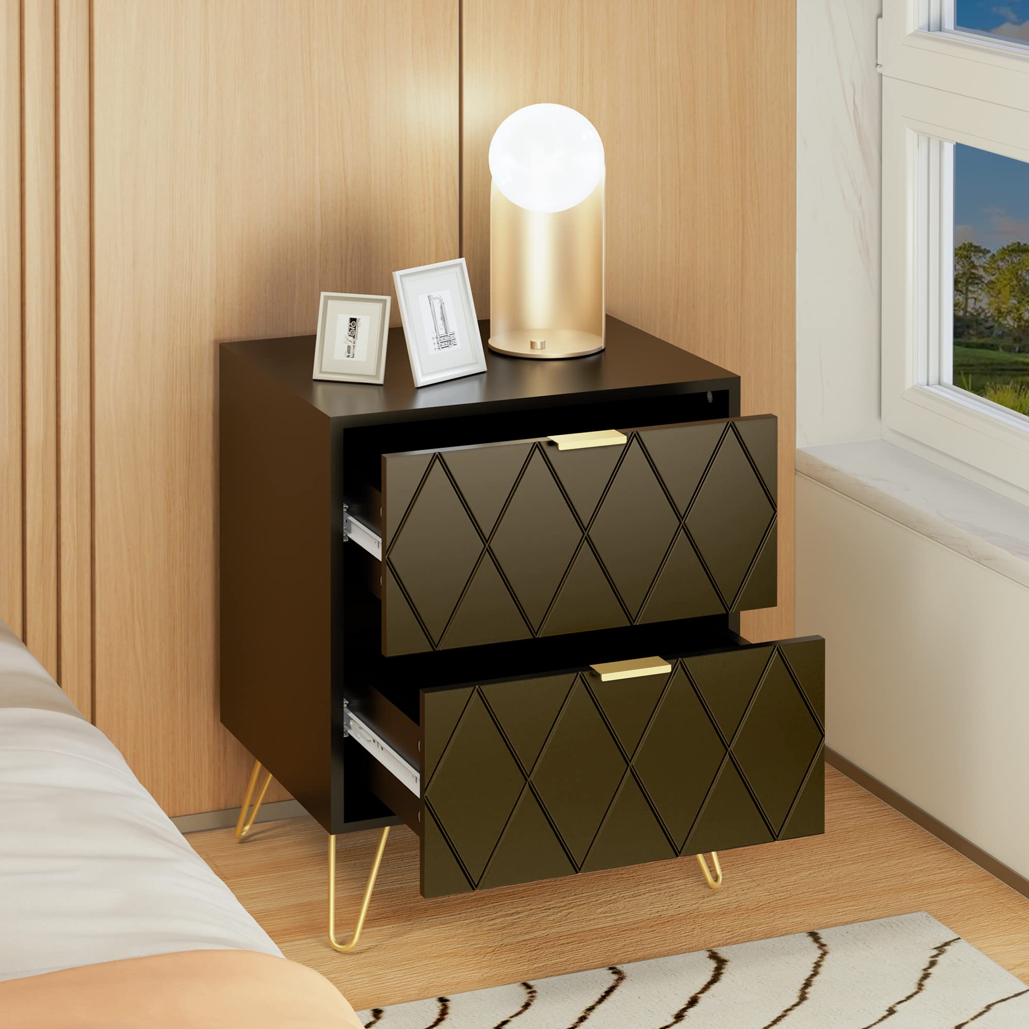 Anbuy Black Nightstand Set of 2 with Gold Handles - Modern Bedside Tables with 2 Drawers, Sturdy Gold Legs for Bedroom & Living Room - Perfect for Storing Books, Lamps & Bedroom Essentials