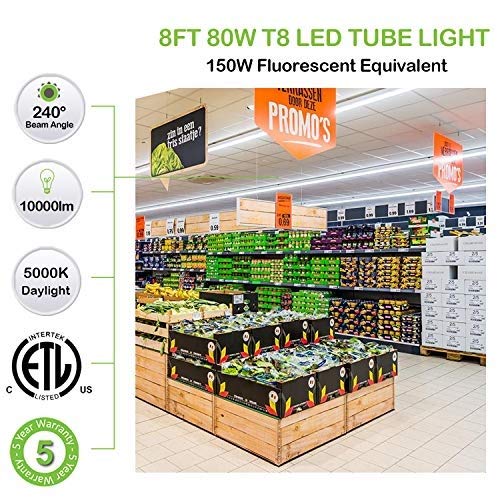 Hykolity 6 Pack 8FT LED Shop Light Fixture - 80W Integrated LED Tube Light, 10000LM Brightness, 5000K Daylight White, Linkable Design - T8 LED Tube Lights for Garage, Warehouse, Workshop - Plug and Play, ETL Certified - Perfect for Industrial, Commercial & Home Use