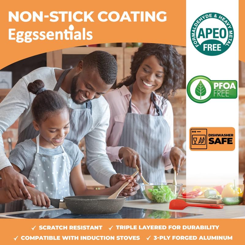 Eggssentials 2-in-1 Nonstick Egg Pan & Poacher - Granite Coated Frying Skillet with Lid for Perfect Poached & Fried Eggs - PFOA Free, Food Safe Cookware with Spatula (4 Cups) - Ideal for Breakfast, Brunch & Meal Prep