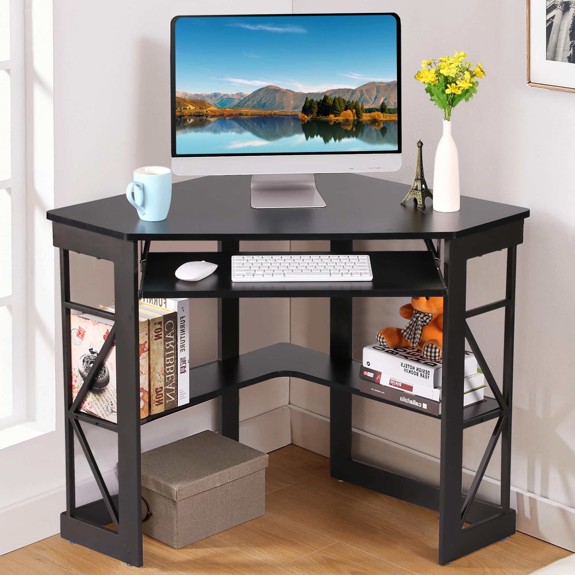 VECELO Compact Corner Desk with Keyboard Tray & Storage Shelves - Black Triangle Computer Desk for Home Office, Gaming & Small Spaces | Writing Table with Smooth Surface & Ergonomic Design