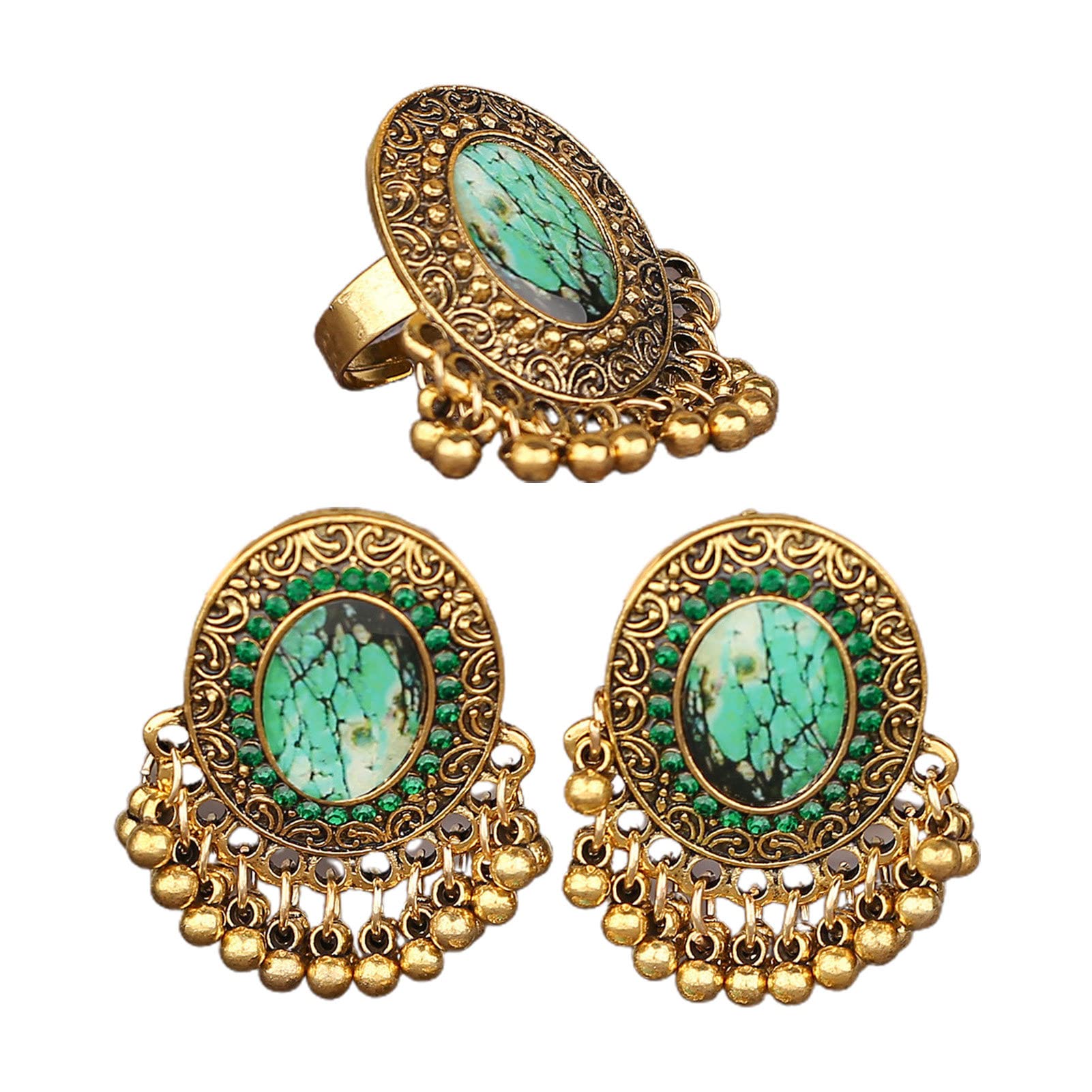 Elegant Jewelry Set for Women - Bohemian Bridal Necklace, Earrings & Ring Set - Perfect for Valentine's Day, Anniversary, Birthday & Wedding Party - 2Pcs Ethnic Style Beaded Tassel Green Jewelry Accessories - Great for Boho Chic Outfits & Special Occasions